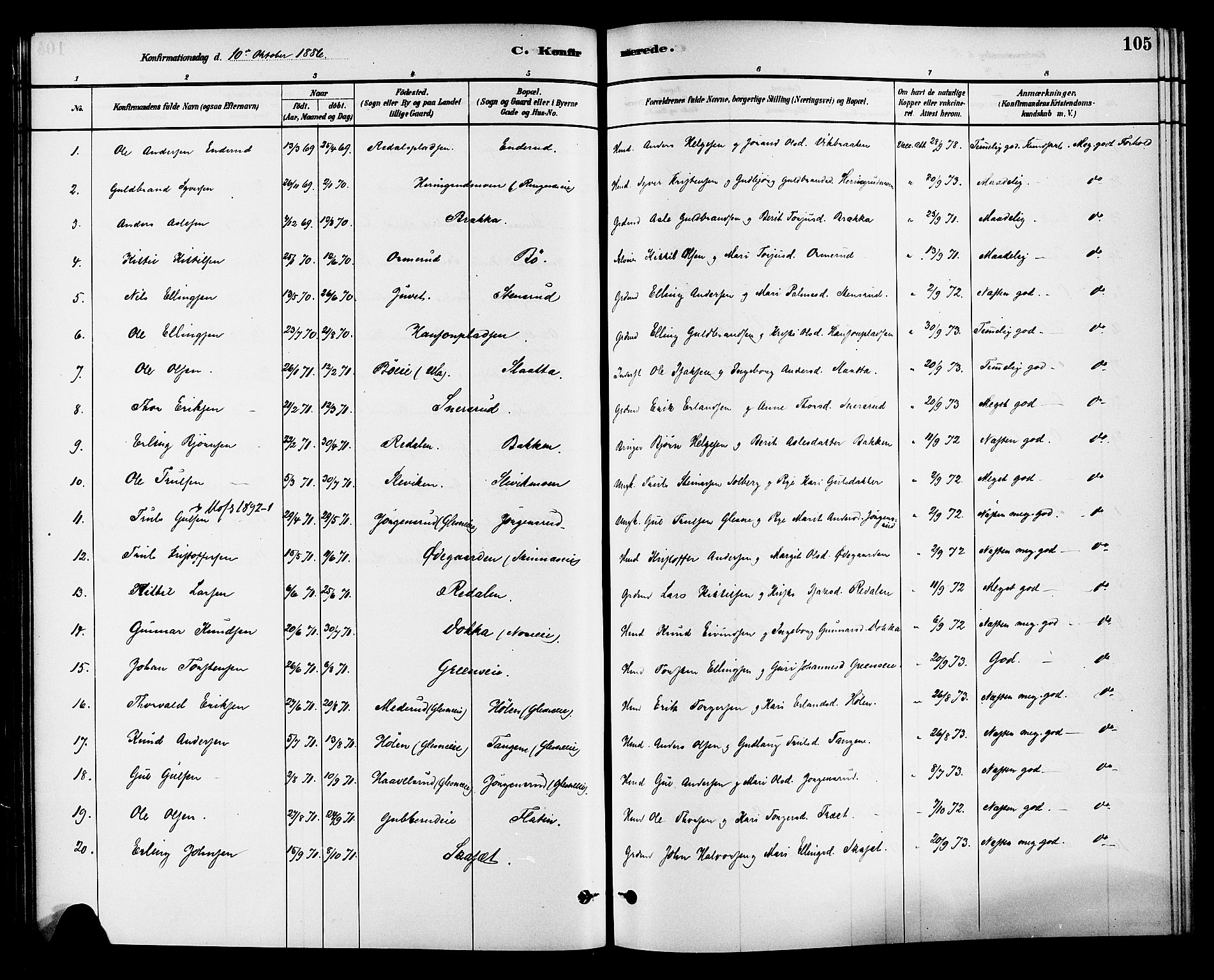 Krødsherad kirkebøker, AV/SAKO-A-19/G/Ga/L0001: Klokkerbok nr. 1, 1879-1893, s. 105