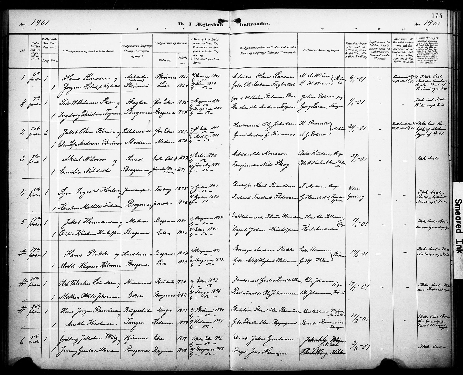 Bragernes kirkebøker, AV/SAKO-A-6/F/Fc/L0007: Ministerialbok nr. III 7, 1898-1909, s. 174
