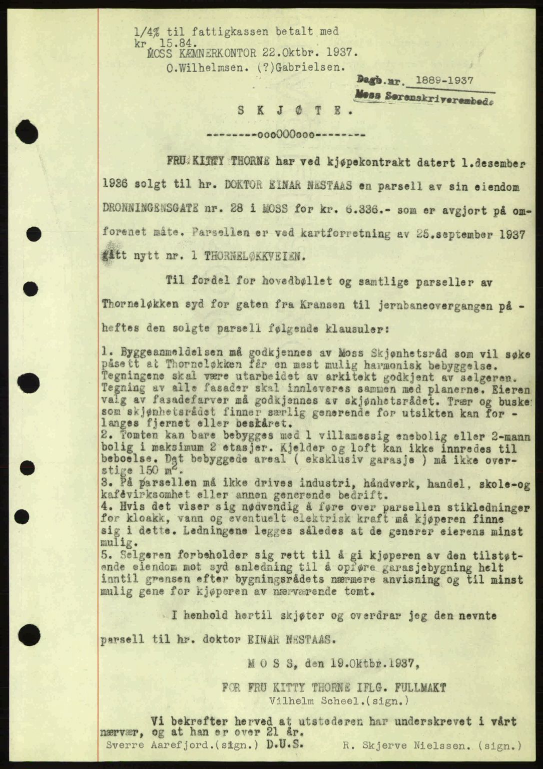 Moss sorenskriveri, SAO/A-10168: Pantebok nr. A3, 1937-1938, Dagboknr: 1889/1937