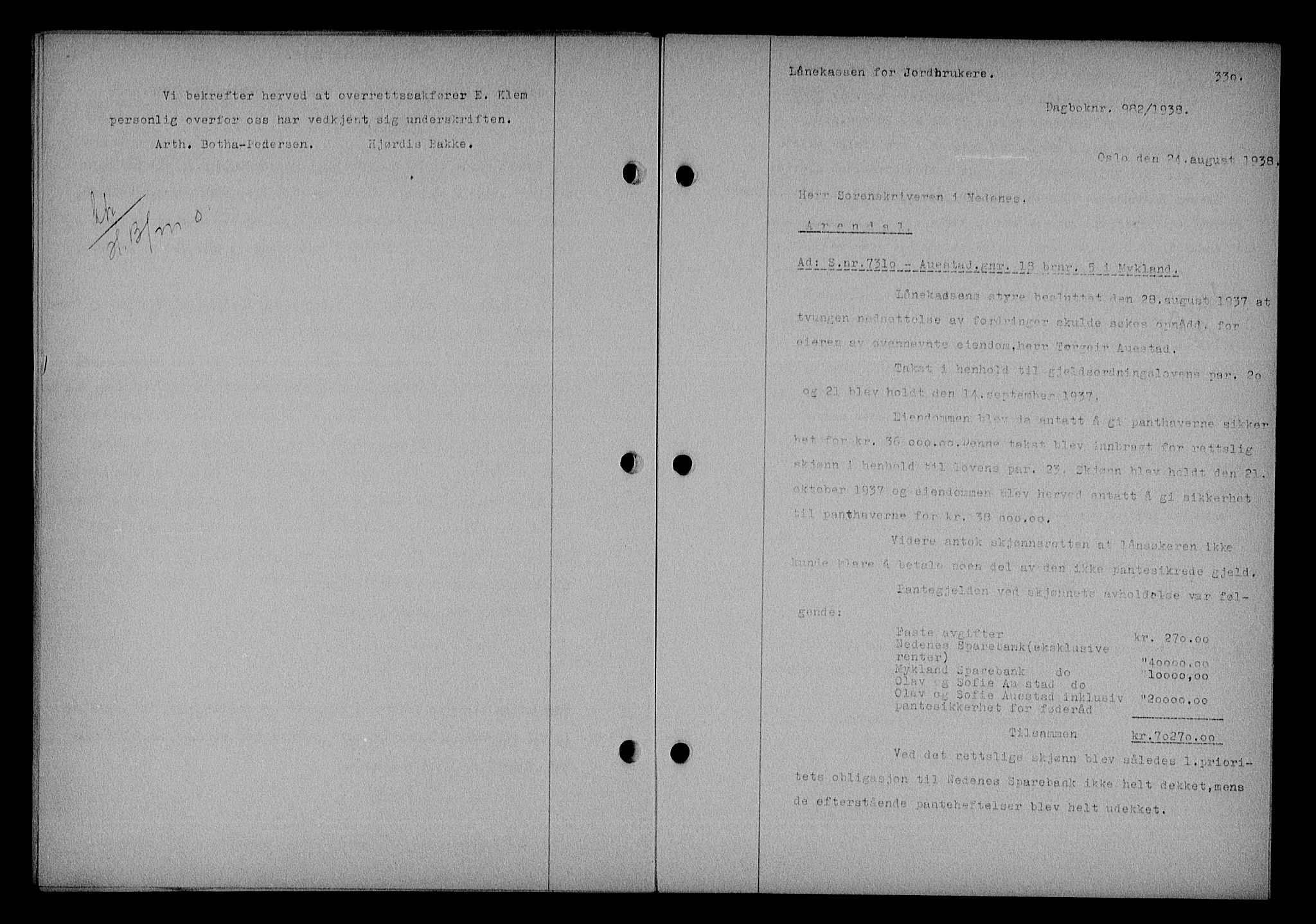 Nedenes sorenskriveri, SAK/1221-0006/G/Gb/Gba/L0045: Pantebok nr. 41, 1938-1938, Dagboknr: 982/1938