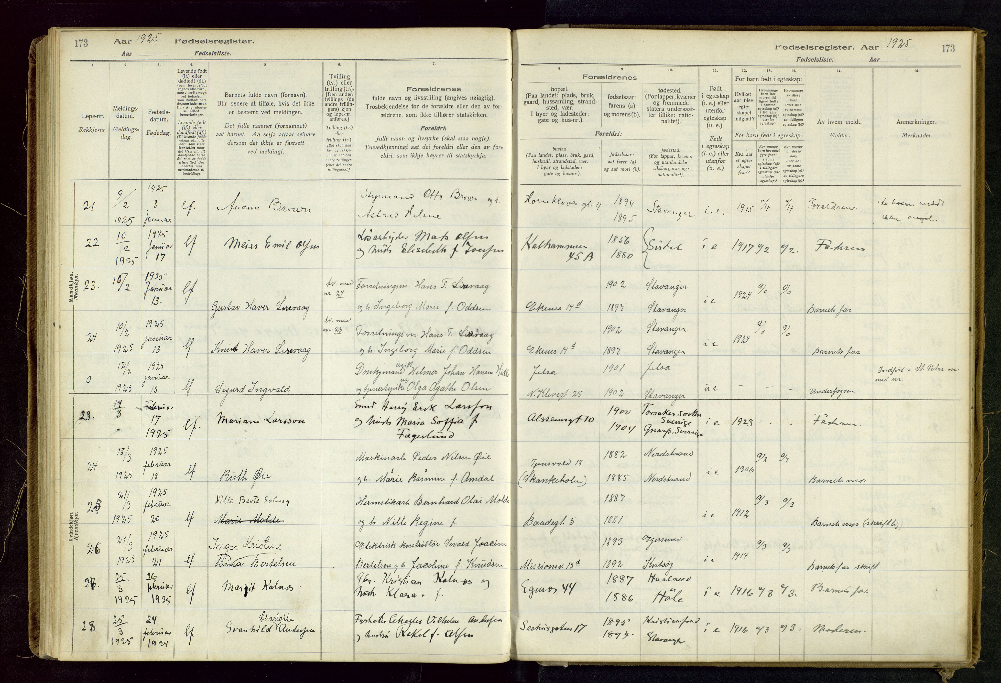 Domkirken sokneprestkontor, SAST/A-101812/002/B/L0002: Fødselsregister nr. 2, 1920-1925, s. 173