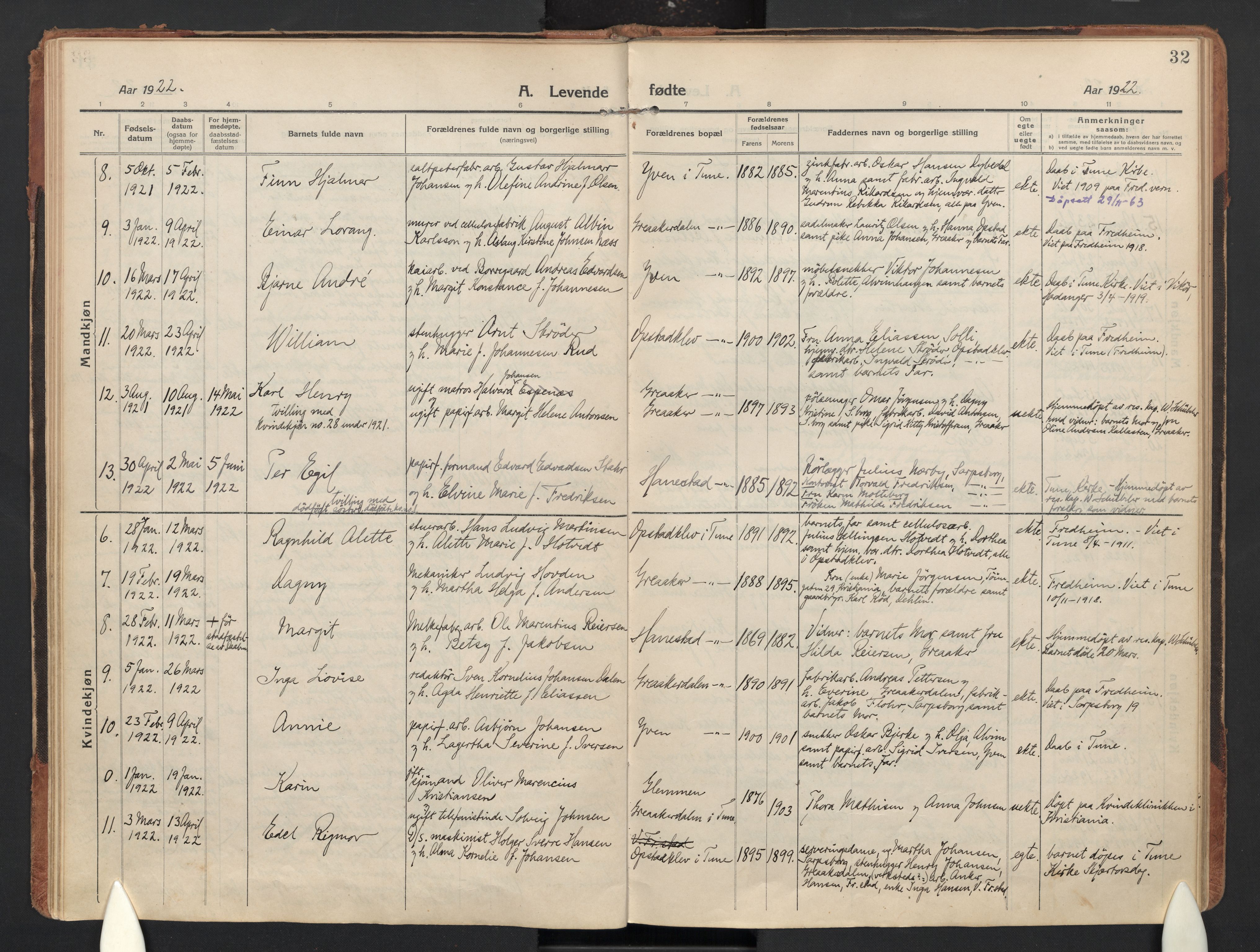 Tune prestekontor Kirkebøker, AV/SAO-A-2007/F/Fb/L0001: Residerende kapellans bok nr. 1, 1915-1923, s. 32