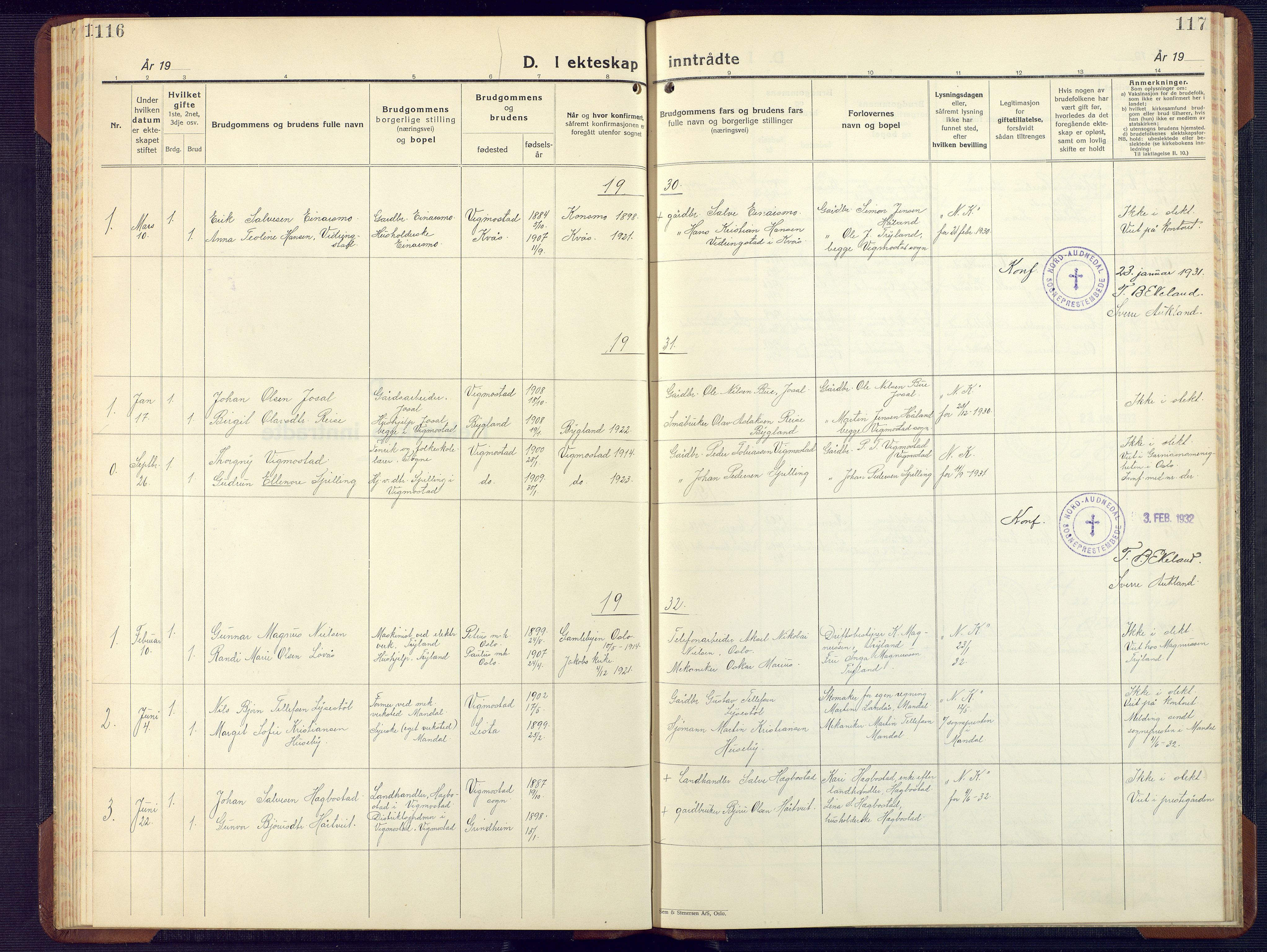 Nord-Audnedal sokneprestkontor, SAK/1111-0032/F/Fb/Fbb/L0006: Klokkerbok nr. B 6, 1930-1948, s. 116-117