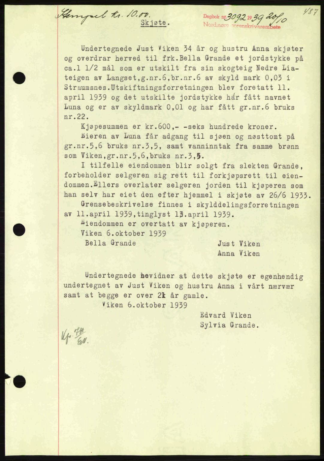 Nordmøre sorenskriveri, SAT/A-4132/1/2/2Ca: Pantebok nr. A87, 1939-1940, Dagboknr: 3092/1939