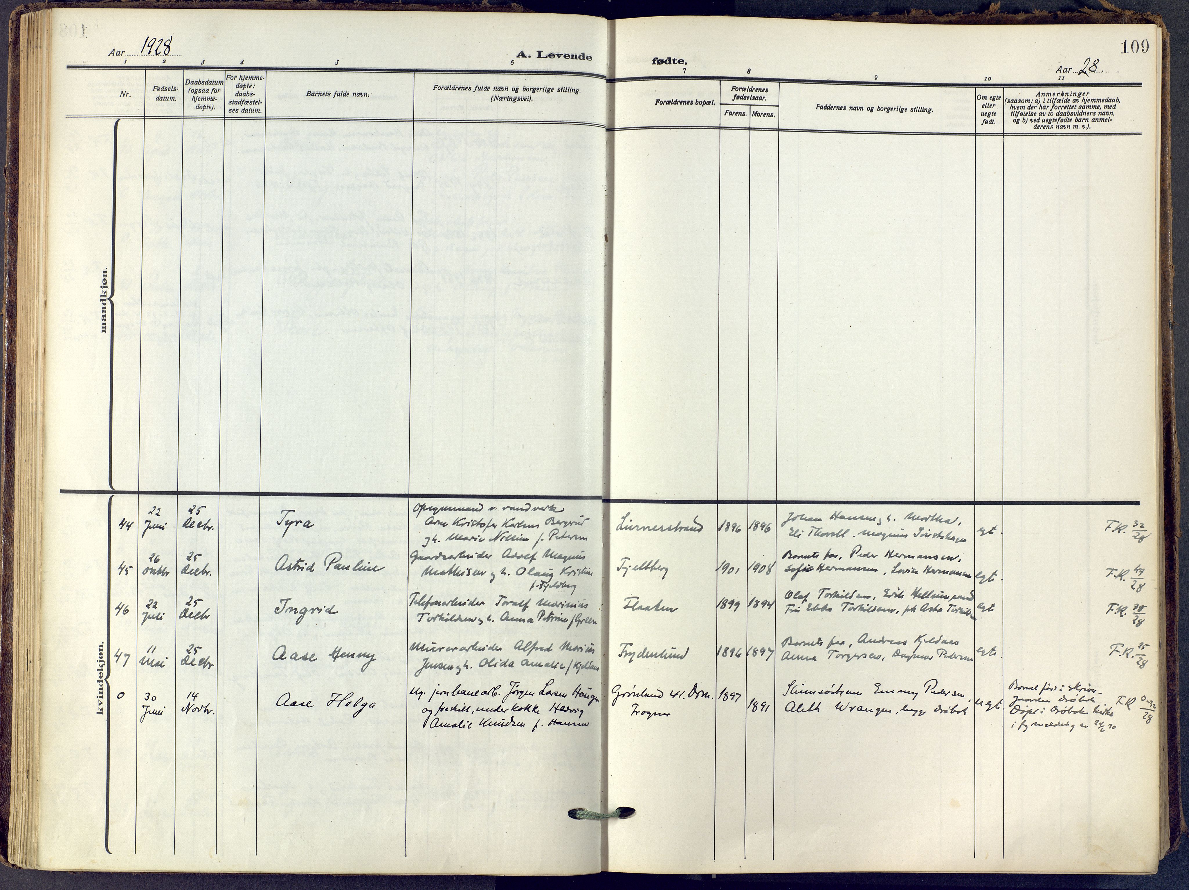 Lier kirkebøker, SAKO/A-230/F/Fa/L0019: Ministerialbok nr. I 19, 1918-1928, s. 109