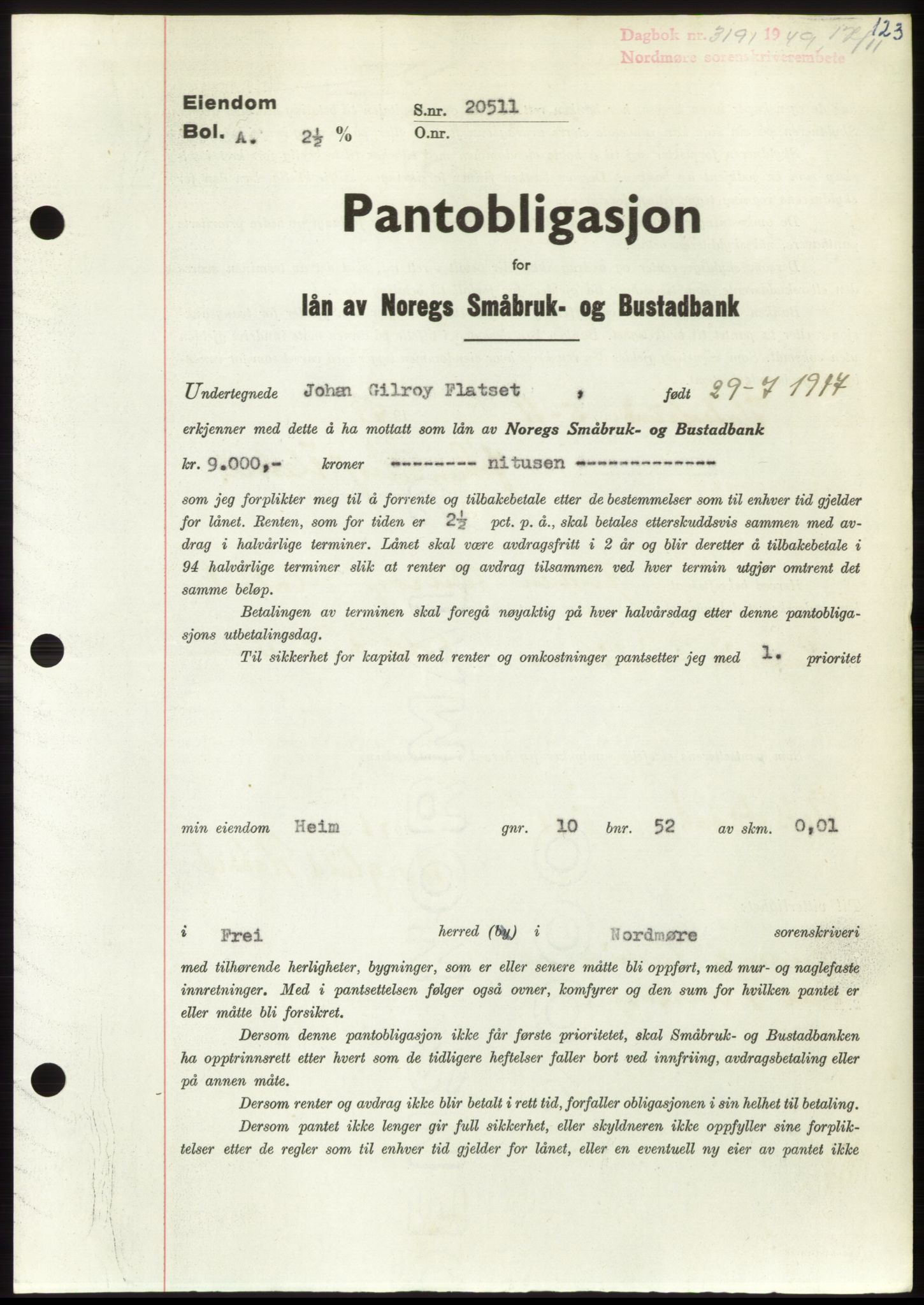Nordmøre sorenskriveri, SAT/A-4132/1/2/2Ca: Pantebok nr. B103, 1949-1950, Dagboknr: 3191/1949