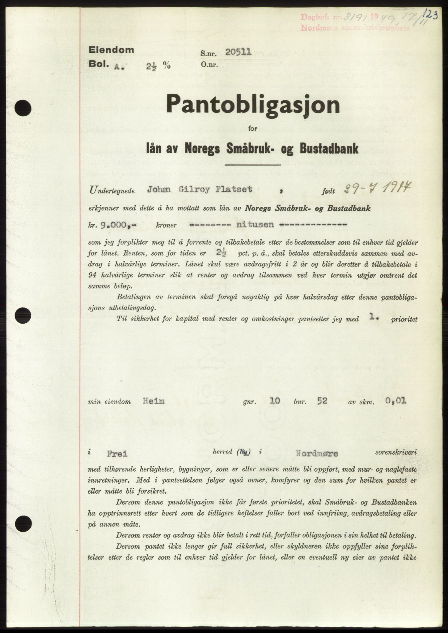 Nordmøre sorenskriveri, AV/SAT-A-4132/1/2/2Ca: Pantebok nr. B103, 1949-1950, Dagboknr: 3191/1949