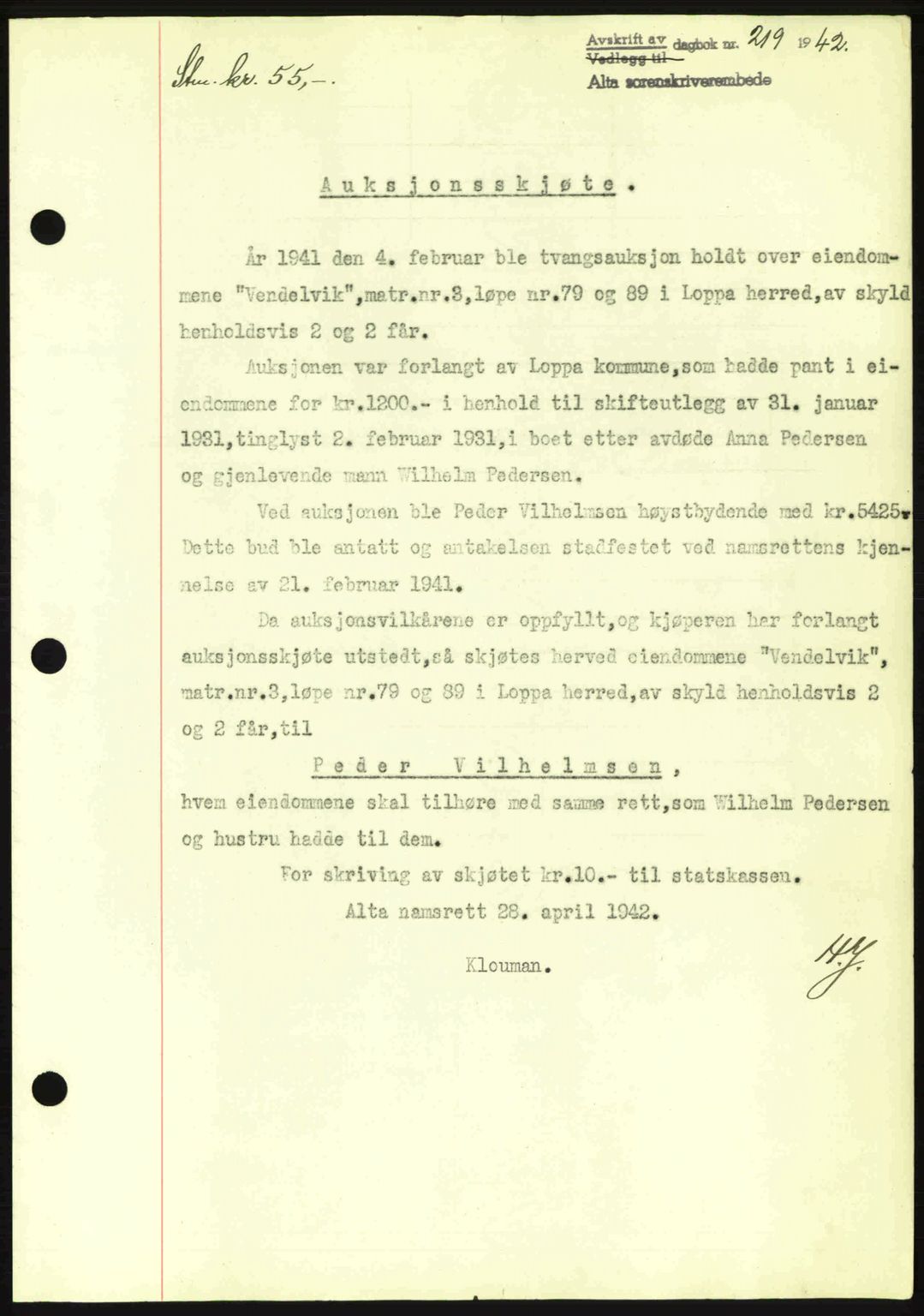 Alta fogderi/sorenskriveri, SATØ/SATØ-5/1/K/Kd/L0033pantebok: Pantebok nr. 33, 1940-1943, Dagboknr: 219/1942