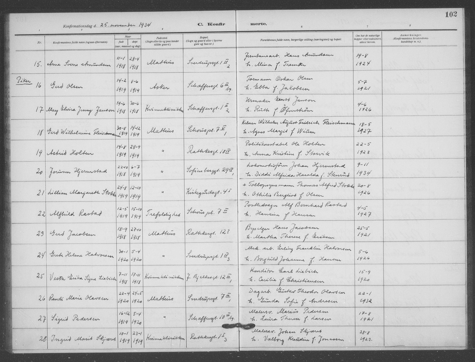 Matteus prestekontor Kirkebøker, AV/SAO-A-10870/F/Fa/L0002: Ministerialbok nr. 2, 1917-1938, s. 102