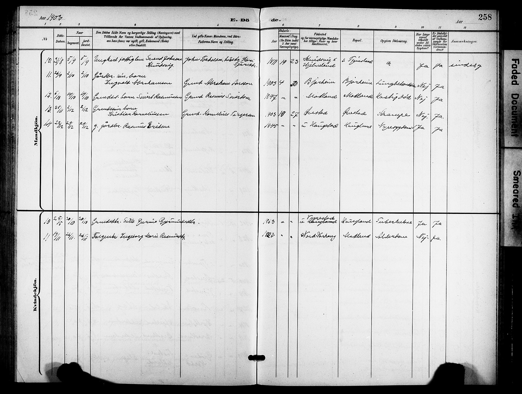 Hå sokneprestkontor, AV/SAST-A-101801/001/30BB/L0006: Klokkerbok nr. B 6, 1900-1924, s. 258