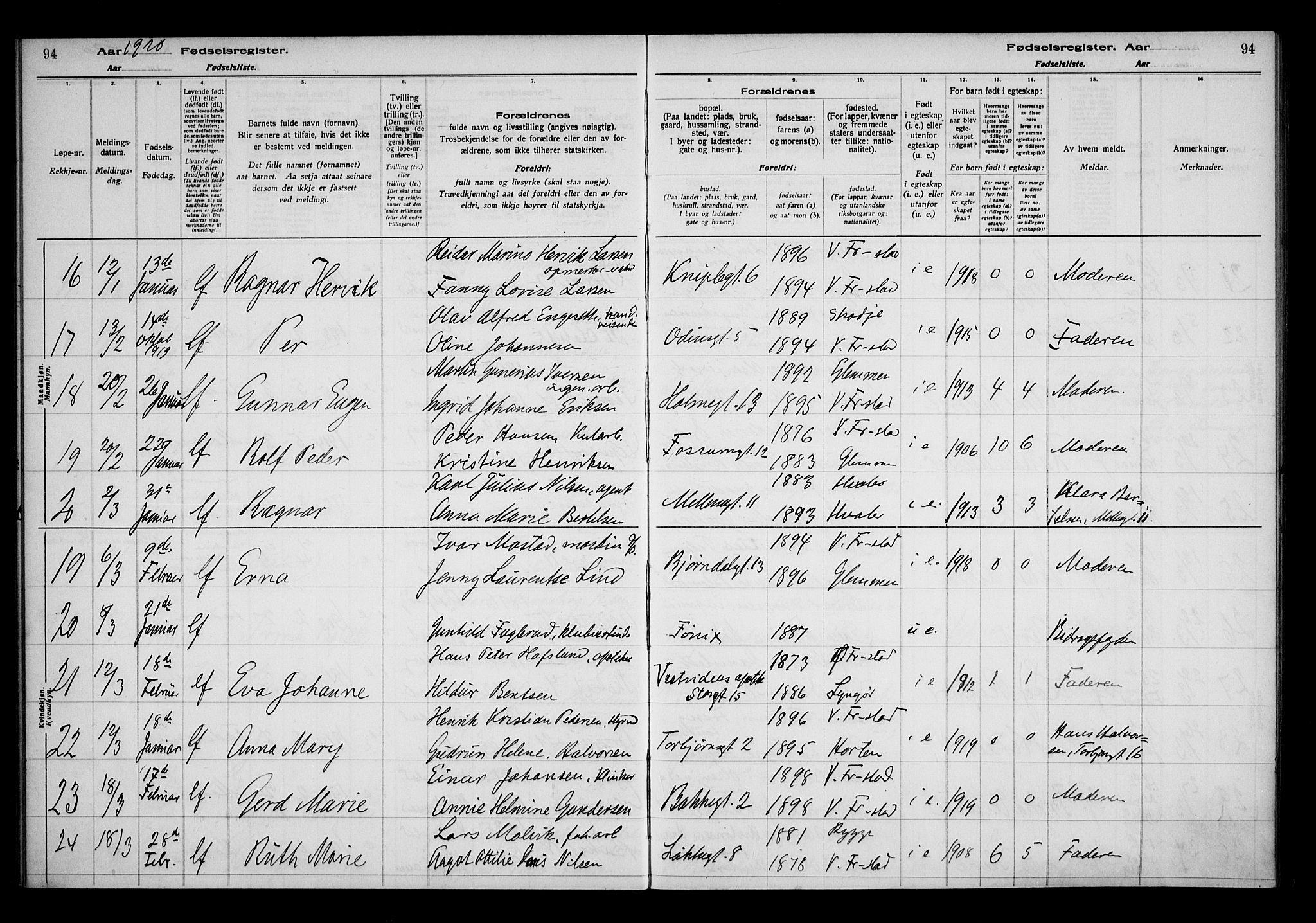 Fredrikstad domkirkes prestekontor Kirkebøker, AV/SAO-A-10906/J/*Ja/L0001: Fødselsregister nr. 1, 1916-1925, s. 94