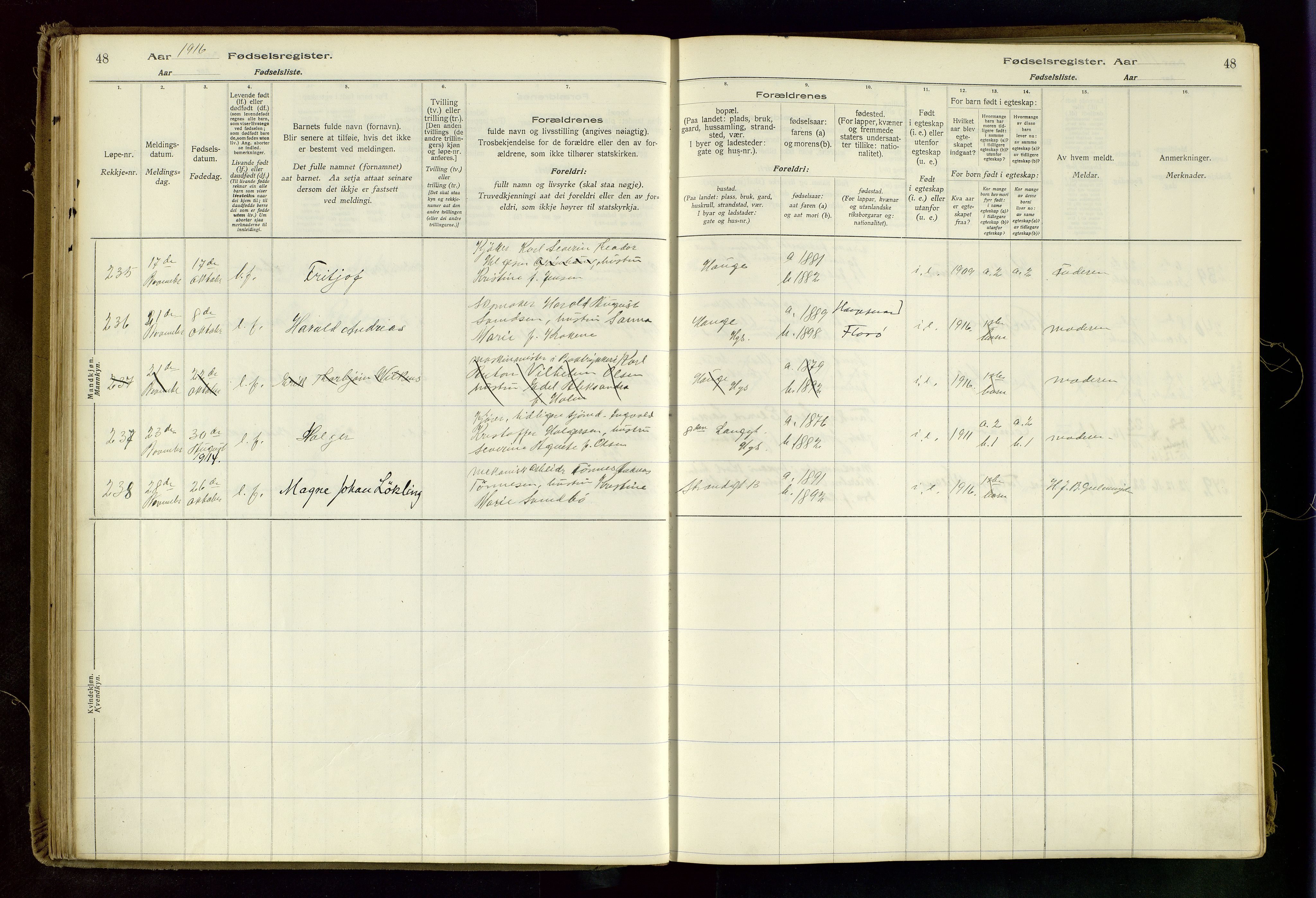 Haugesund sokneprestkontor, AV/SAST-A -101863/I/Id/L0003: Fødselsregister nr. 1, 1916-1919, s. 48