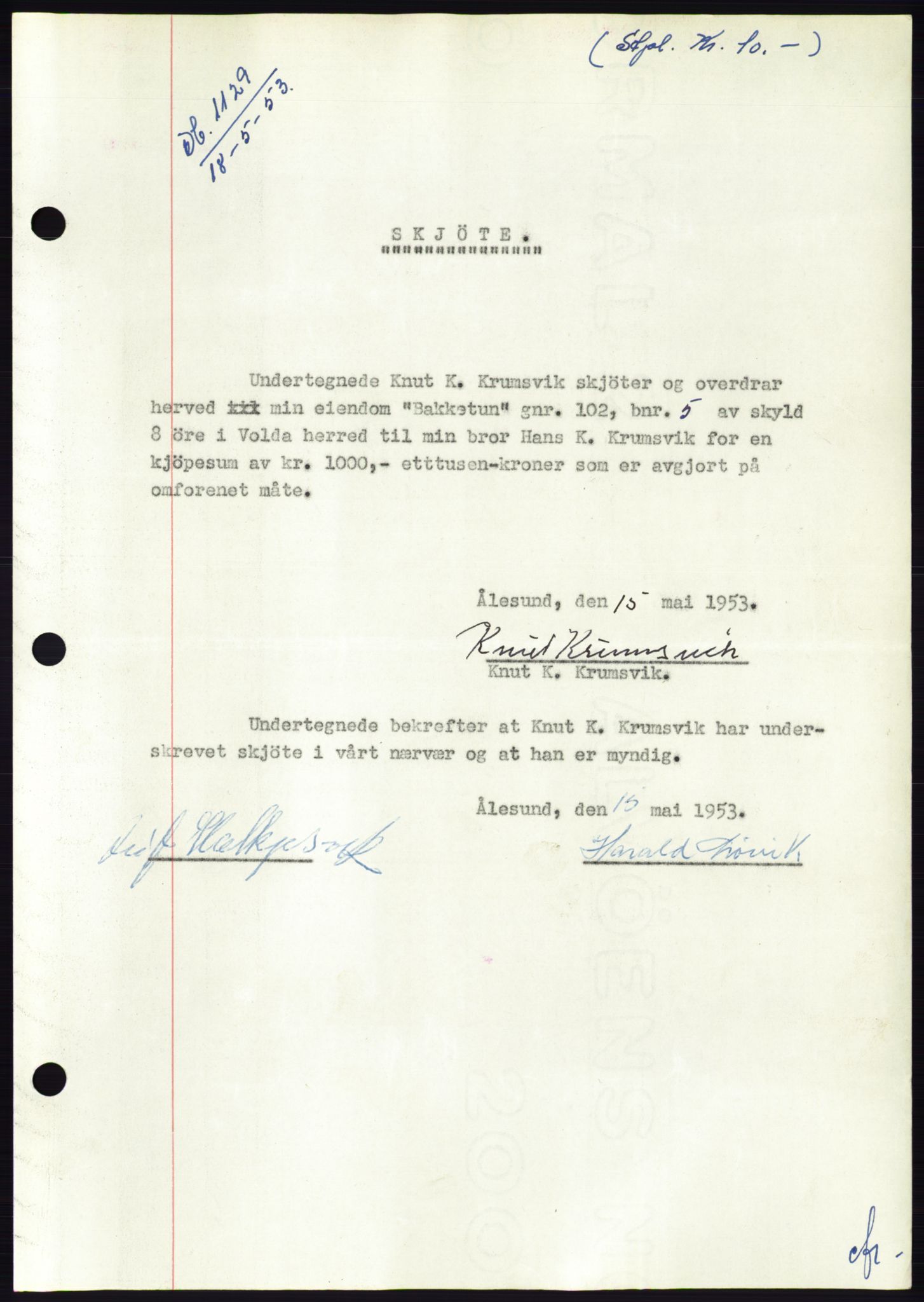Søre Sunnmøre sorenskriveri, AV/SAT-A-4122/1/2/2C/L0095: Pantebok nr. 21A, 1953-1953, Dagboknr: 1129/1953