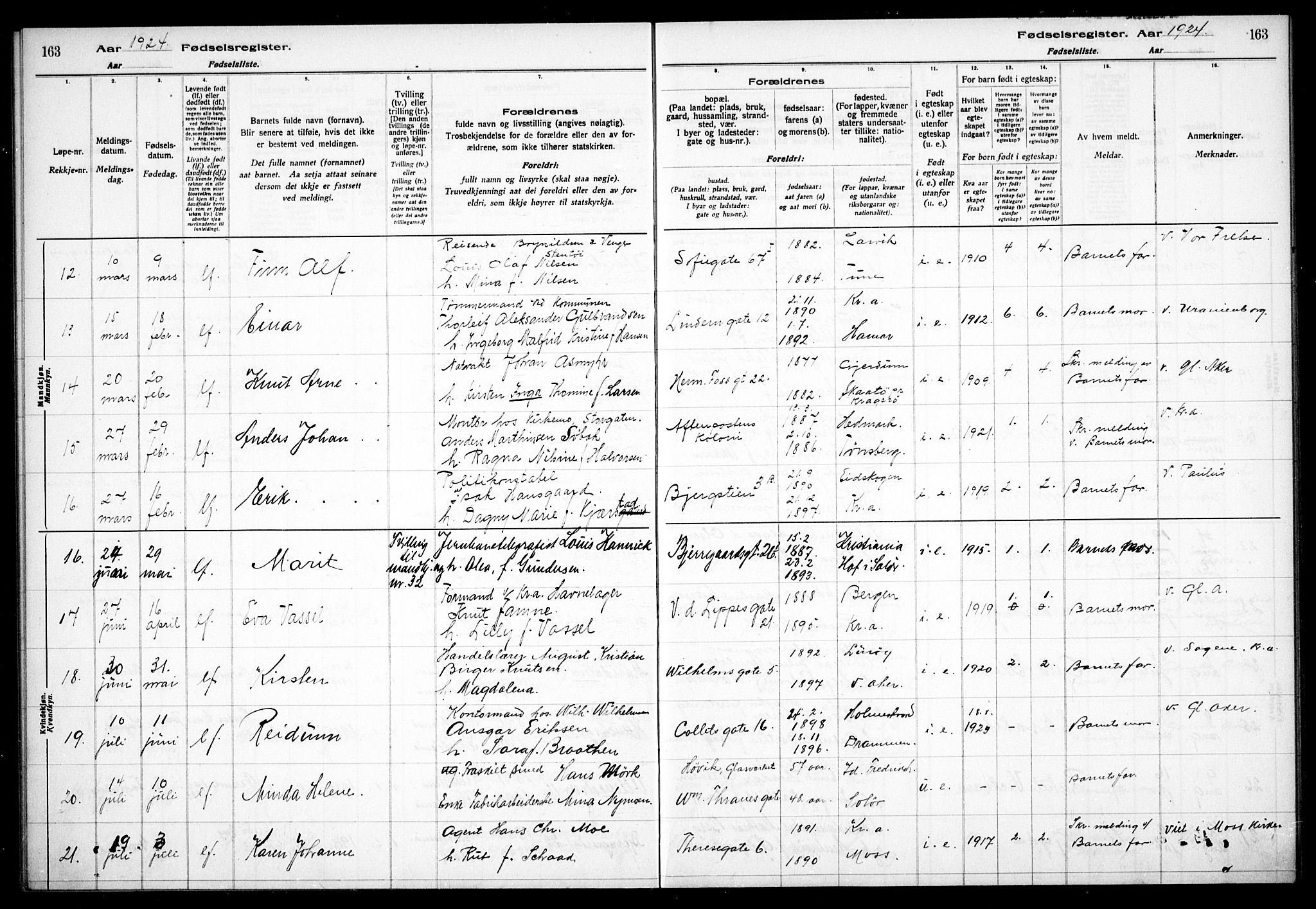 Gamle Aker prestekontor Kirkebøker, AV/SAO-A-10617a/J/L0001: Fødselsregister nr. 1, 1916-1927, s. 163