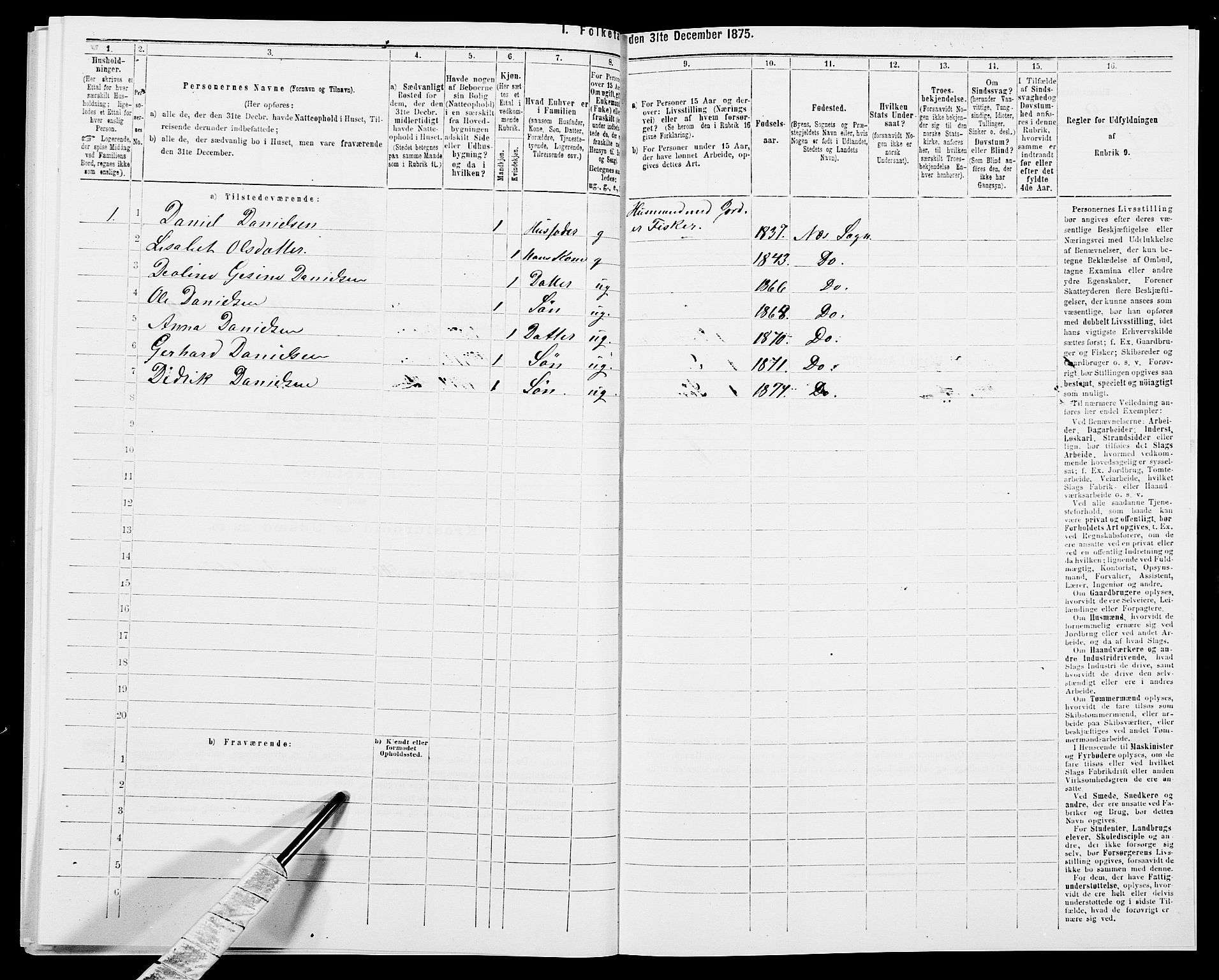 SAK, Folketelling 1875 for 1042L Flekkefjord prestegjeld, Nes sokn og Hidra sokn, 1875, s. 1527