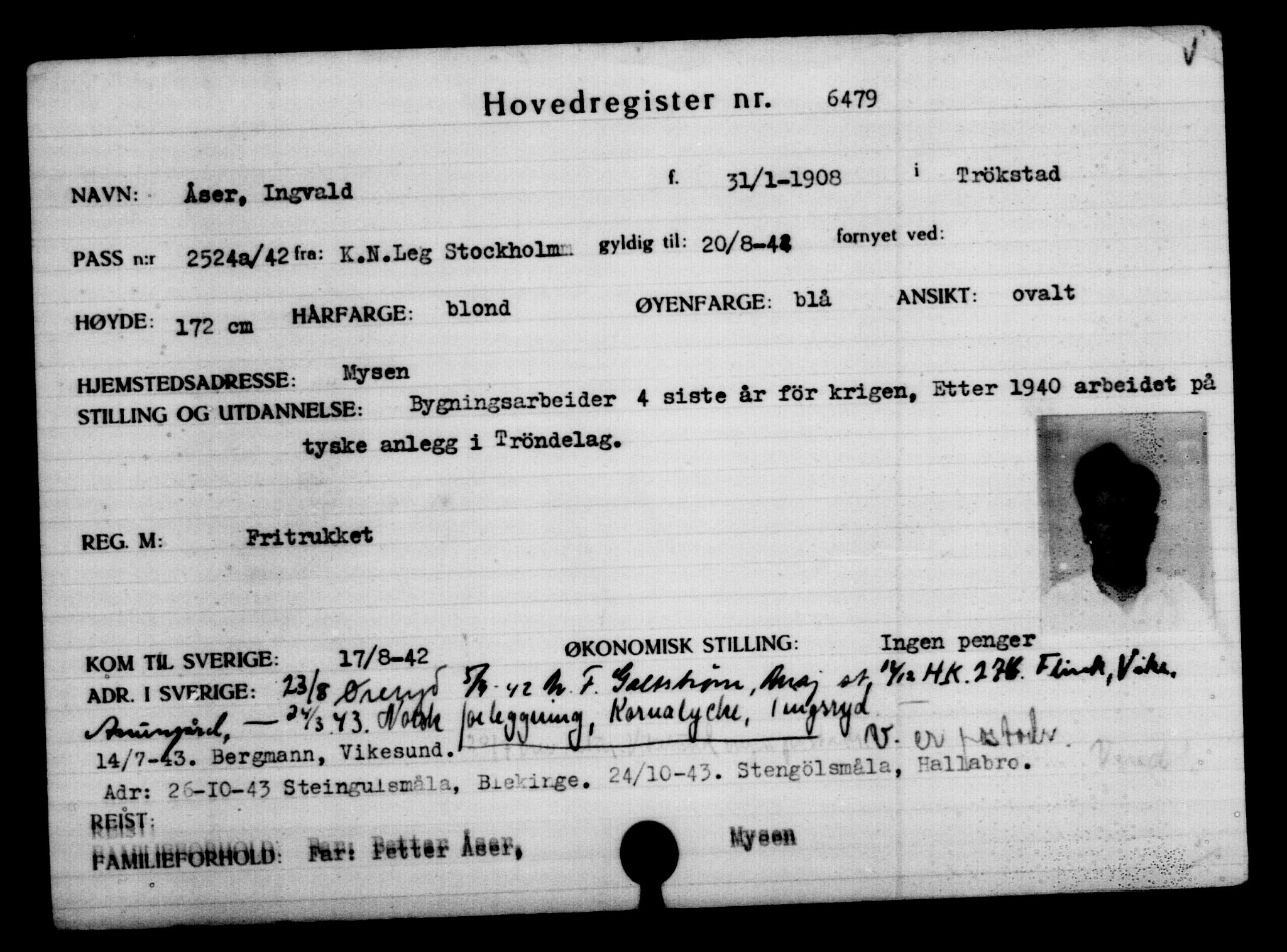 Utenriksstasjonene, Legasjonen i Stockholm, Flyktningkontoret, AV/RA-S-6753/V/Va/L0004: Kjesäterkartoteket, flyktninger med registreringsnr. 3496-6610, 1940-1945, s. 3532