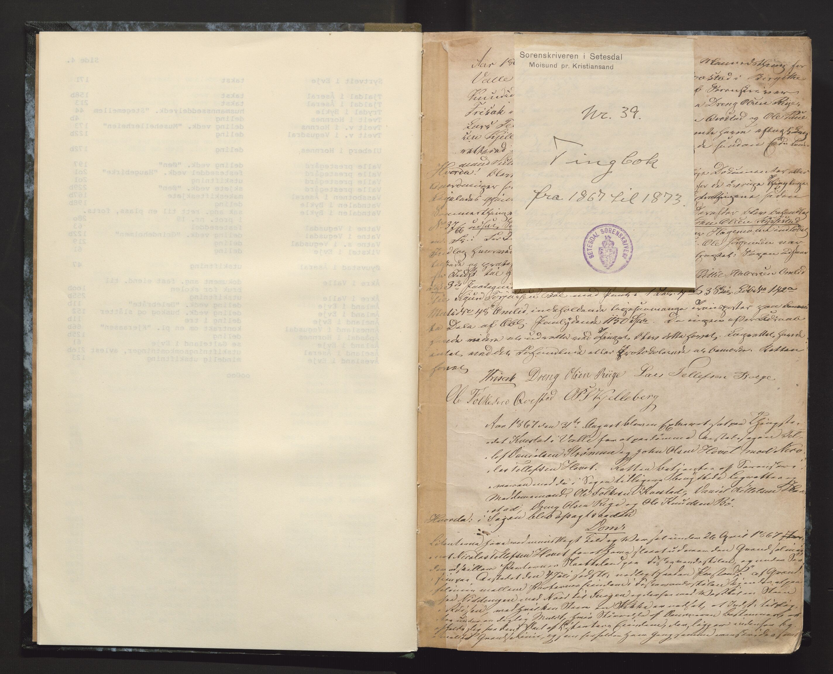 Setesdal sorenskriveri, AV/SAK-1221-0011/F/Fa/L0024: Tingbok nr 18, 1867-1873