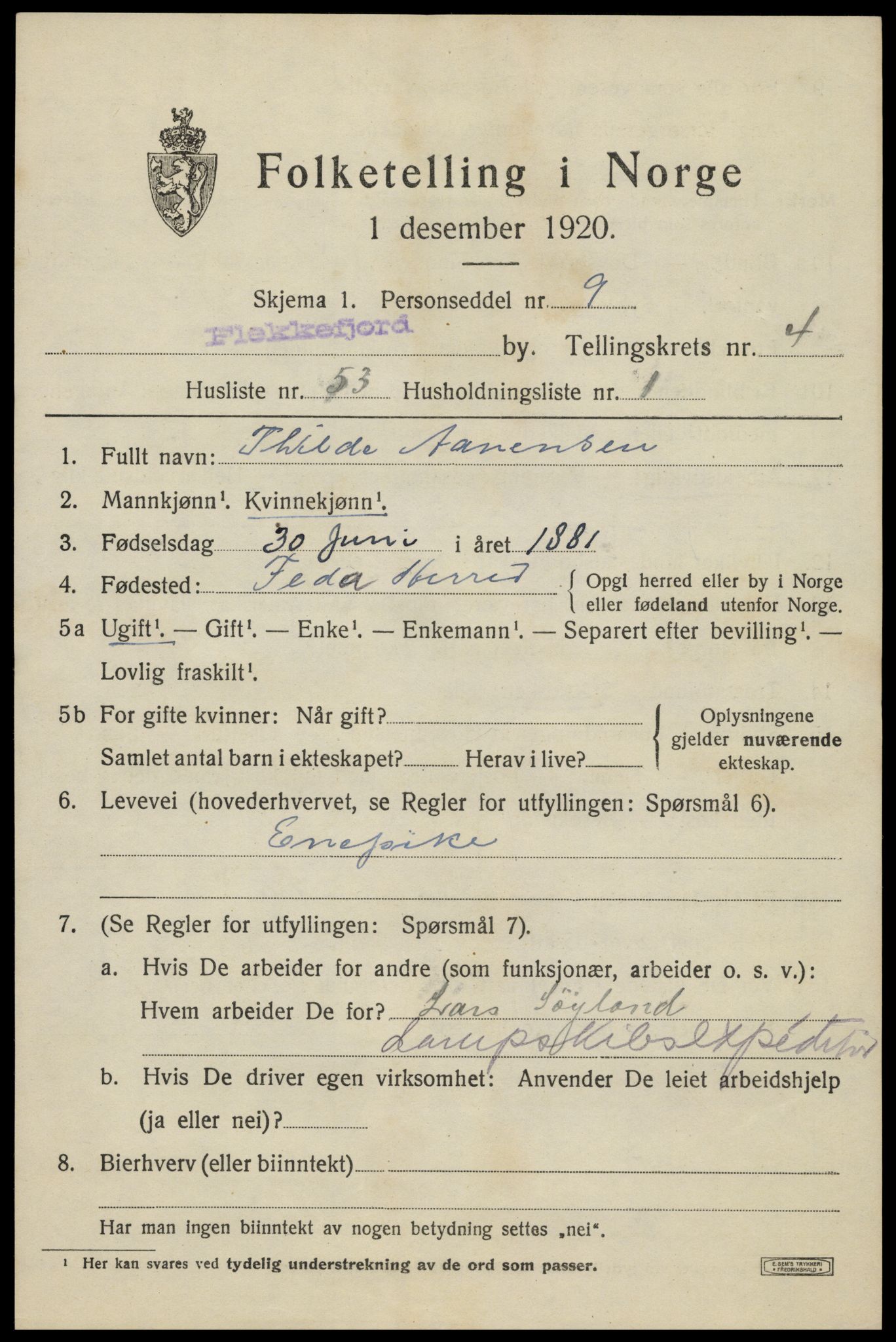 SAK, Folketelling 1920 for 1004 Flekkefjord kjøpstad, 1920, s. 5114