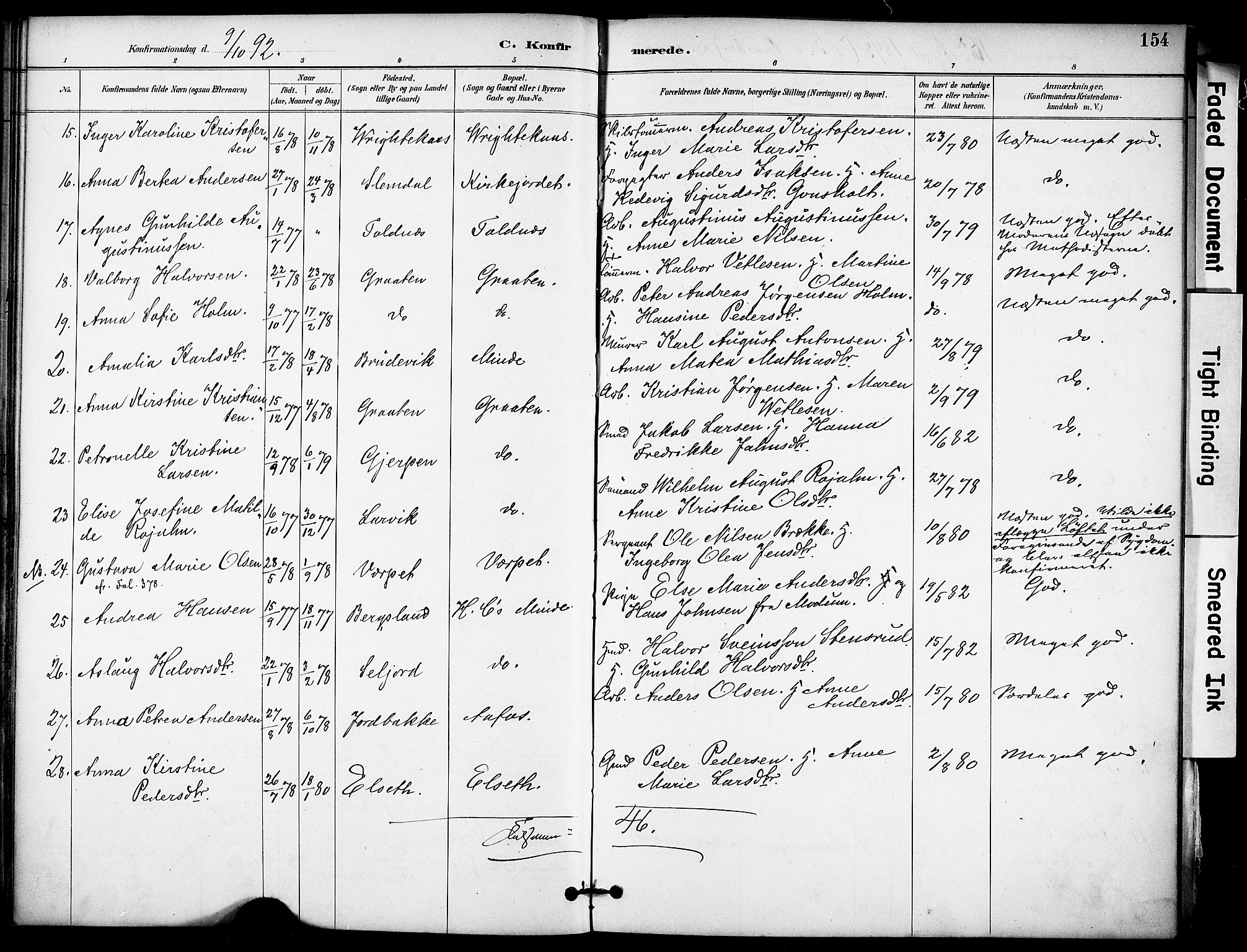 Solum kirkebøker, AV/SAKO-A-306/F/Fa/L0010: Ministerialbok nr. I 10, 1888-1898, s. 154
