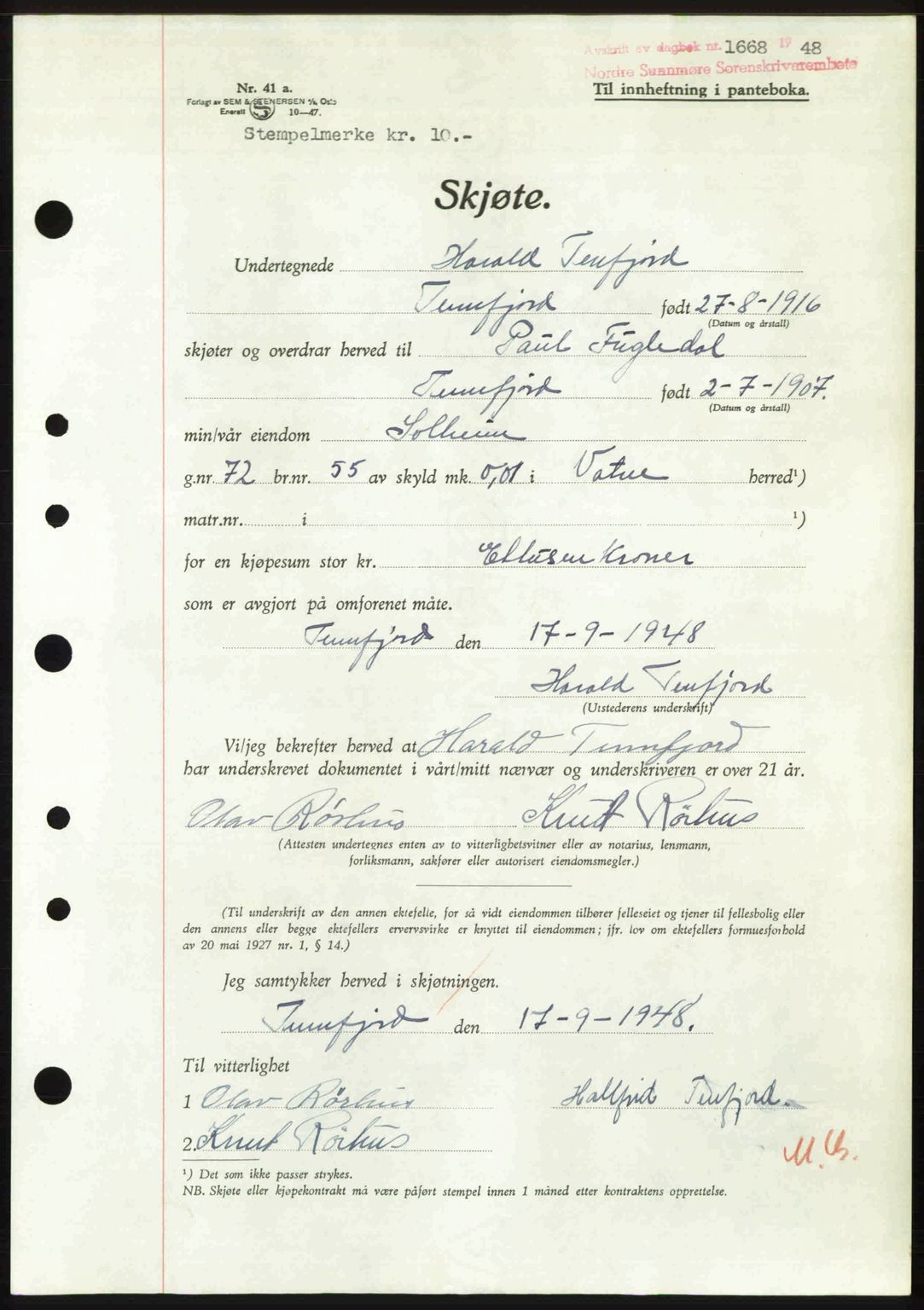 Nordre Sunnmøre sorenskriveri, AV/SAT-A-0006/1/2/2C/2Ca: Pantebok nr. A28, 1948-1948, Dagboknr: 1668/1948