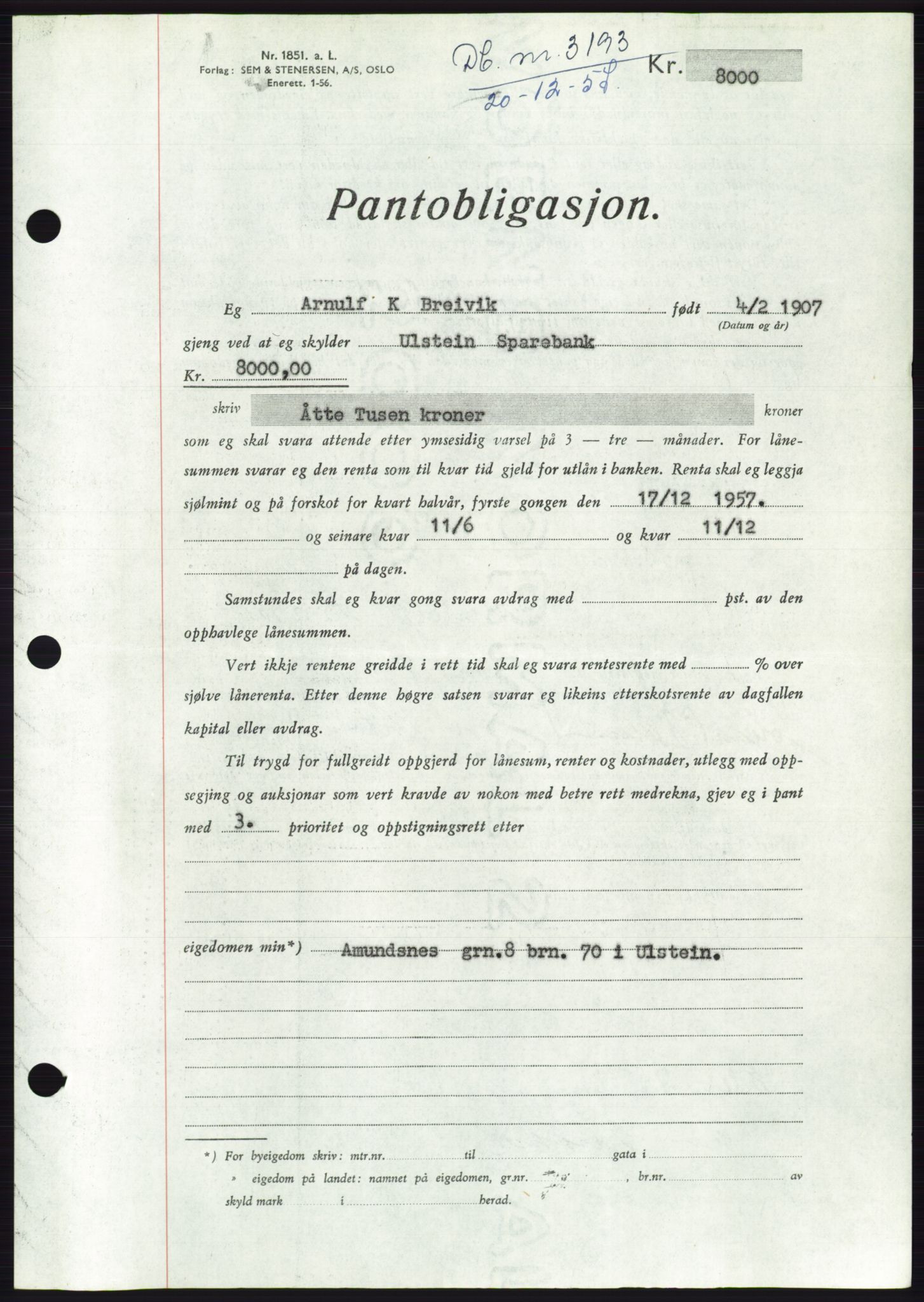Søre Sunnmøre sorenskriveri, AV/SAT-A-4122/1/2/2C/L0130: Pantebok nr. 18B, 1957-1958, Dagboknr: 3193/1957