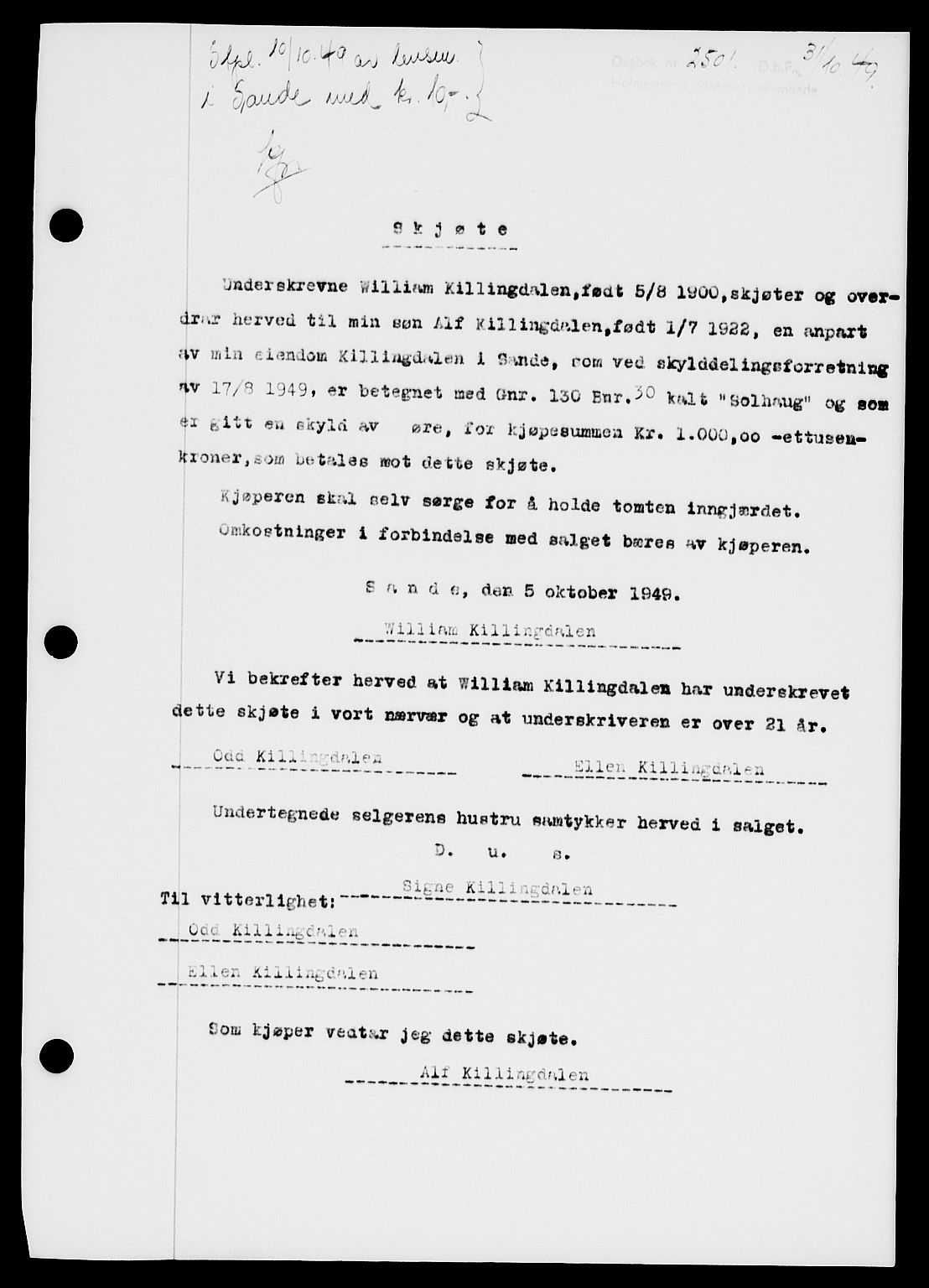 Holmestrand sorenskriveri, SAKO/A-67/G/Ga/Gaa/L0067: Pantebok nr. A-67, 1949-1949, Dagboknr: 2501/1949