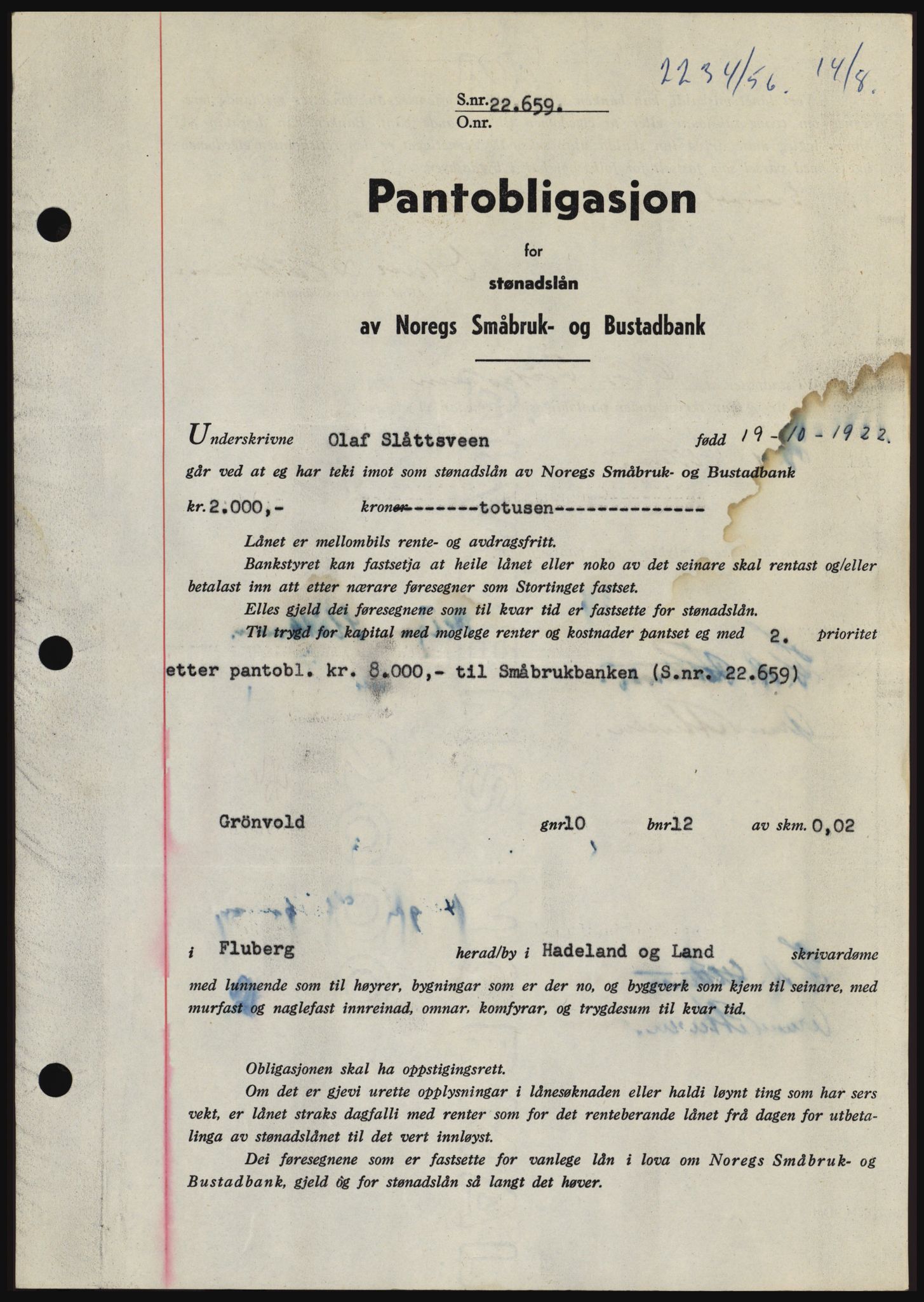 Hadeland og Land tingrett, SAH/TING-010/H/Hb/Hbc/L0034: Pantebok nr. B34, 1956-1956, Dagboknr: 2234/1956