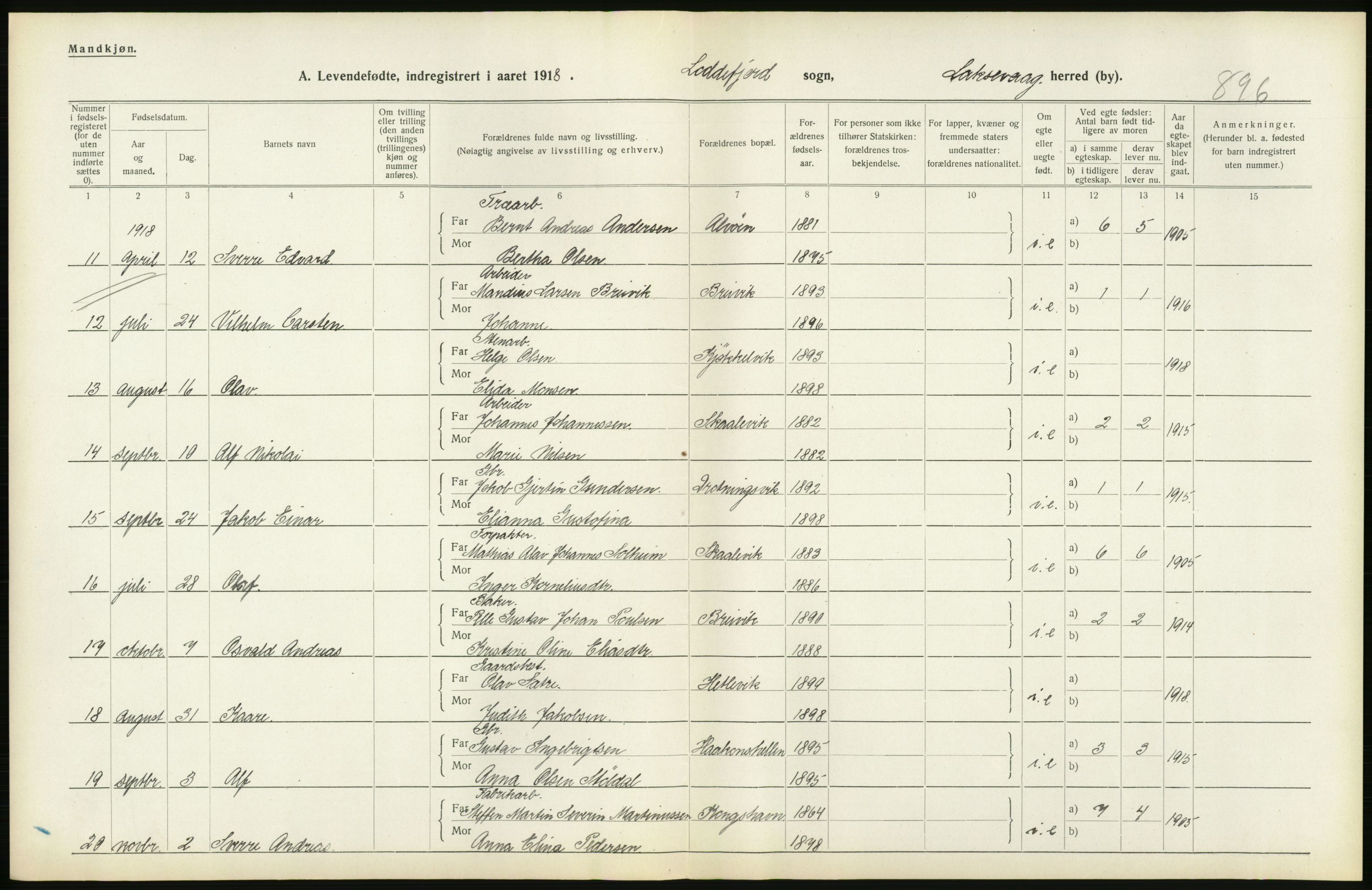 Statistisk sentralbyrå, Sosiodemografiske emner, Befolkning, RA/S-2228/D/Df/Dfb/Dfbh/L0034: Hordaland fylke: Levendefødte menn og kvinner. Bygder., 1918, s. 100