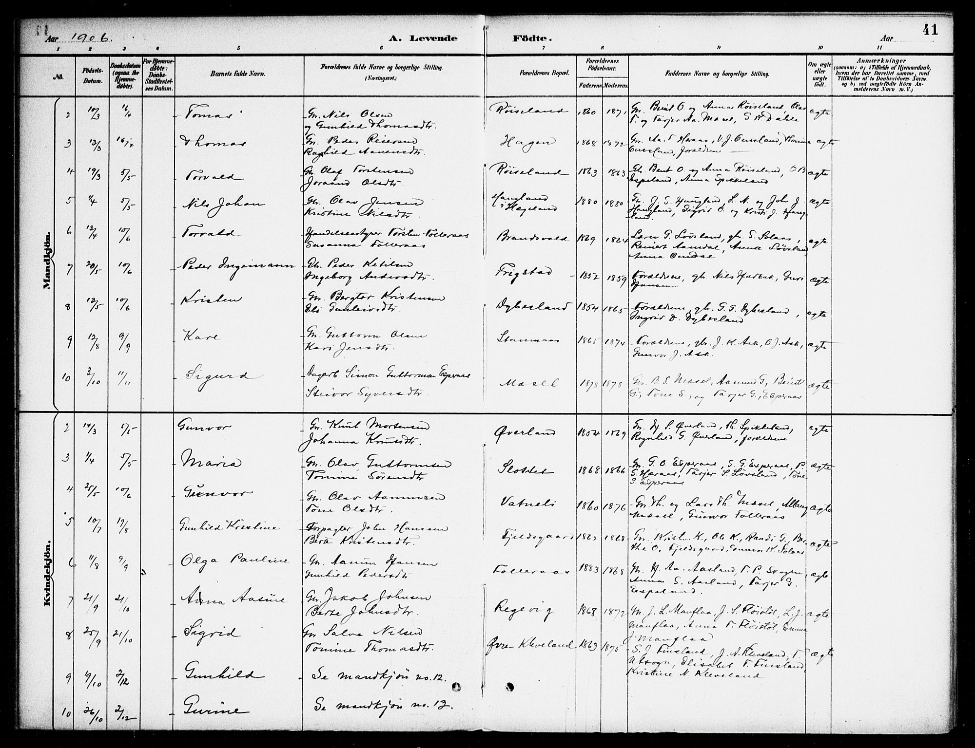 Bjelland sokneprestkontor, AV/SAK-1111-0005/F/Fa/Fab/L0004: Ministerialbok nr. A 4, 1887-1920, s. 41