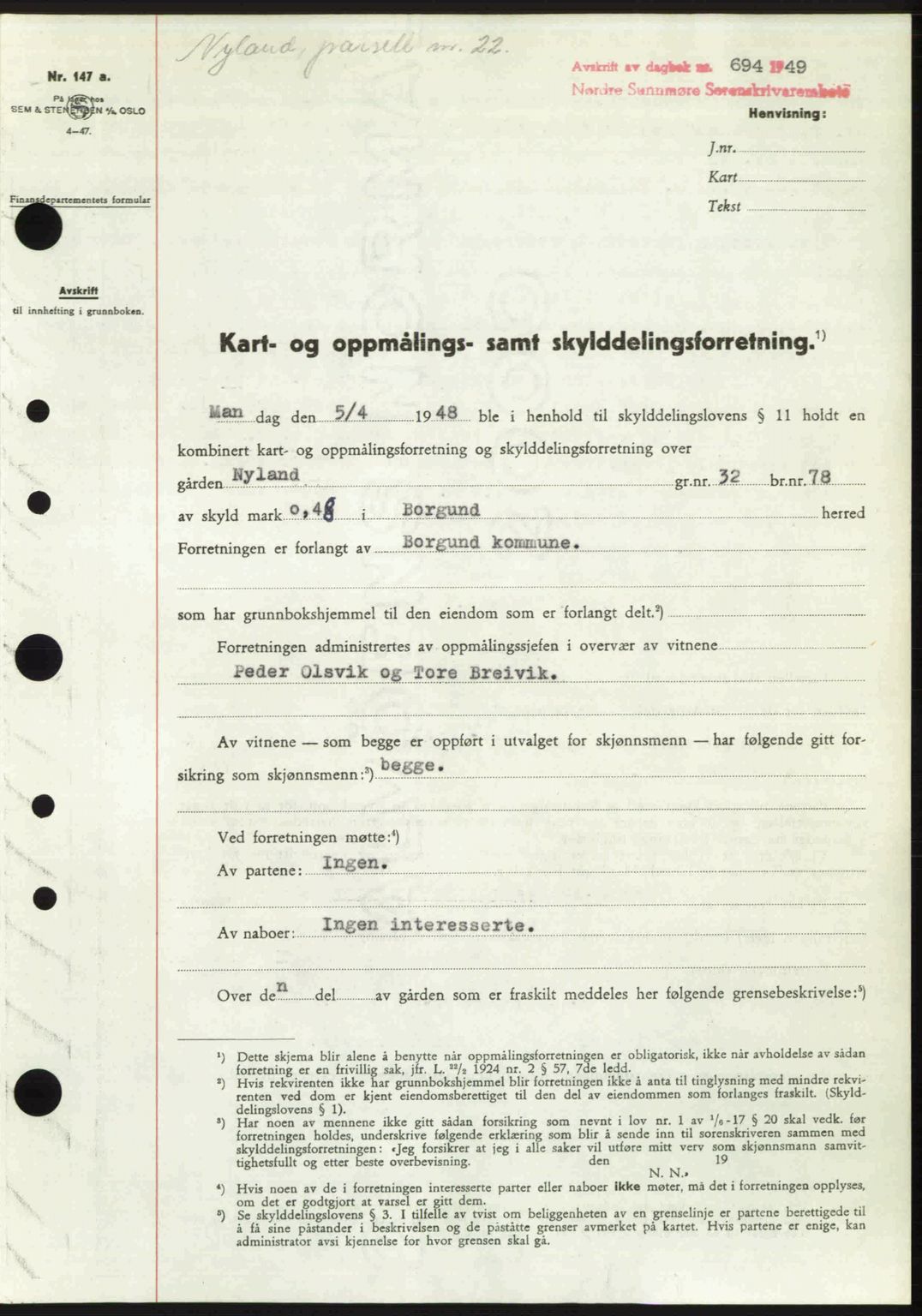 Nordre Sunnmøre sorenskriveri, SAT/A-0006/1/2/2C/2Ca: Pantebok nr. A30, 1949-1949, Dagboknr: 694/1949