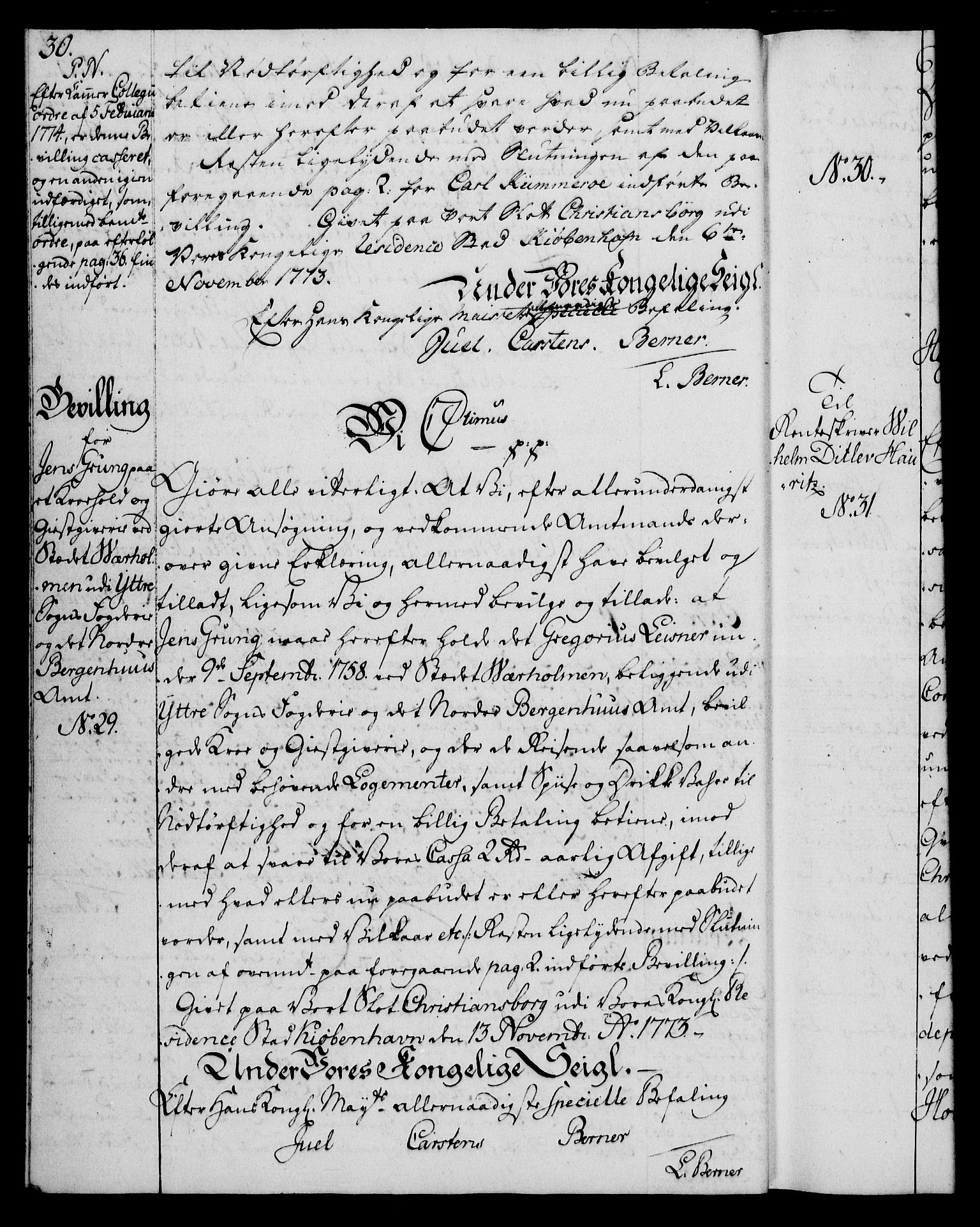 Rentekammeret, Kammerkanselliet, AV/RA-EA-3111/G/Gg/Gga/L0010: Norsk ekspedisjonsprotokoll med register (merket RK 53.10), 1773-1778, s. 30