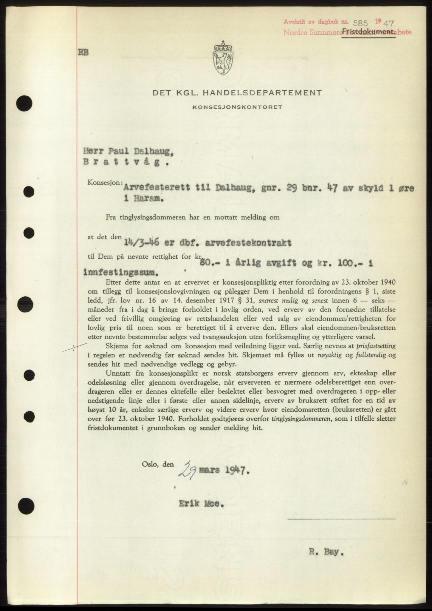 Nordre Sunnmøre sorenskriveri, SAT/A-0006/1/2/2C/2Ca: Pantebok nr. B6-14 b, 1946-1947, Dagboknr: 585/1947