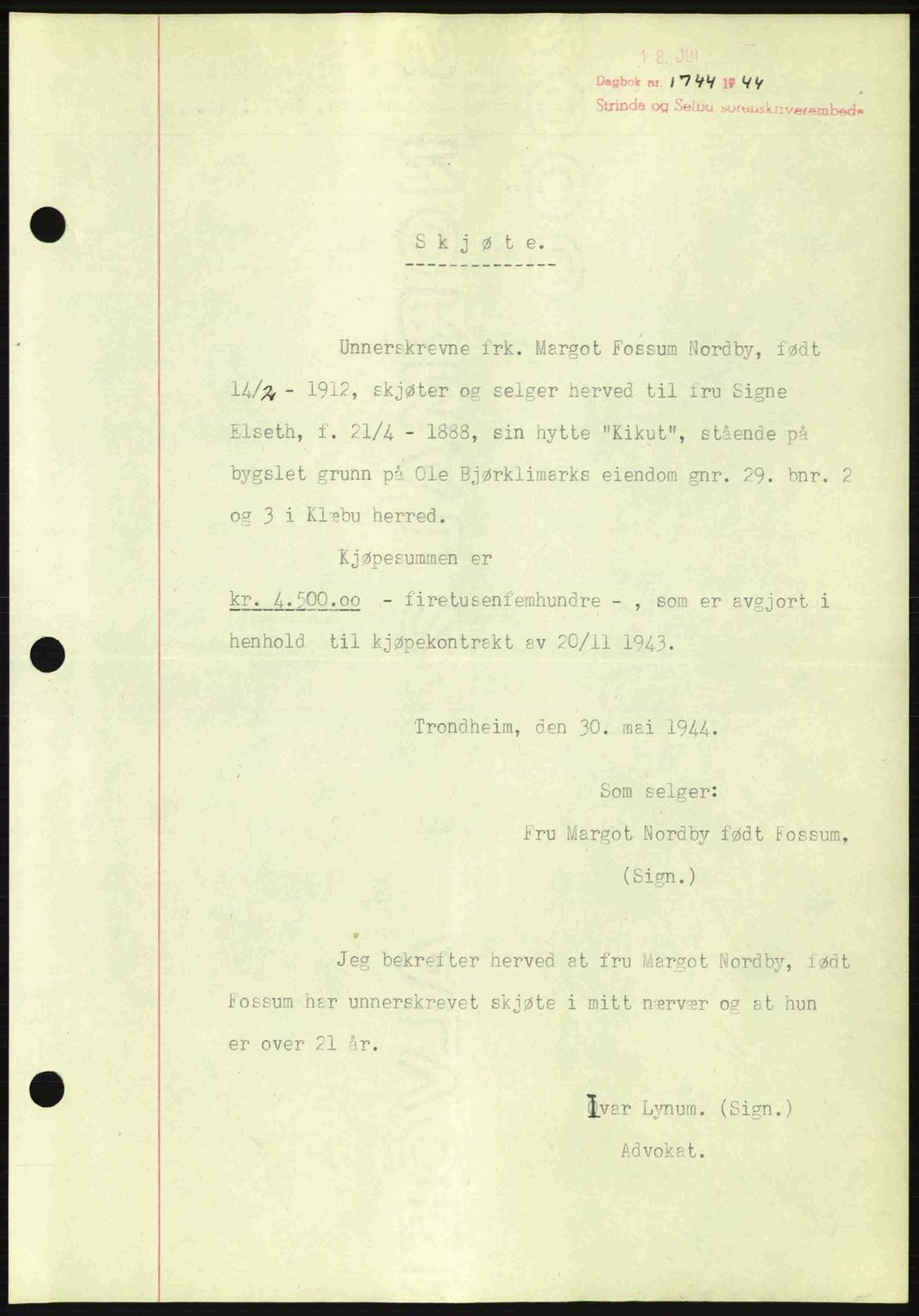 Strinda og Selbu sorenskriveri, SAT/A-0015/2/2C: Pantebok nr. A9, 1944-1945, Dagboknr: 1744/1944