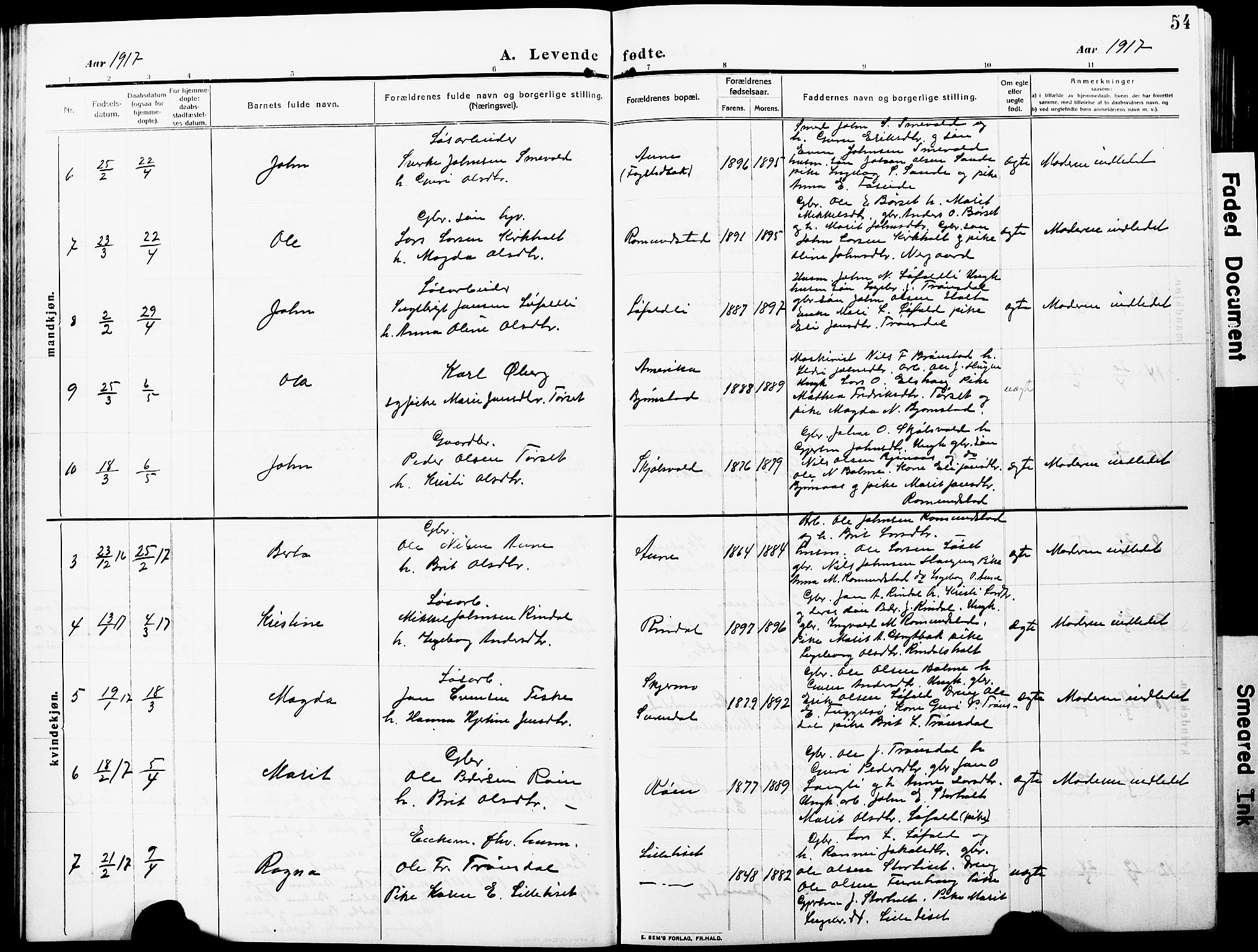 Ministerialprotokoller, klokkerbøker og fødselsregistre - Møre og Romsdal, AV/SAT-A-1454/598/L1079: Klokkerbok nr. 598C04, 1909-1927, s. 54