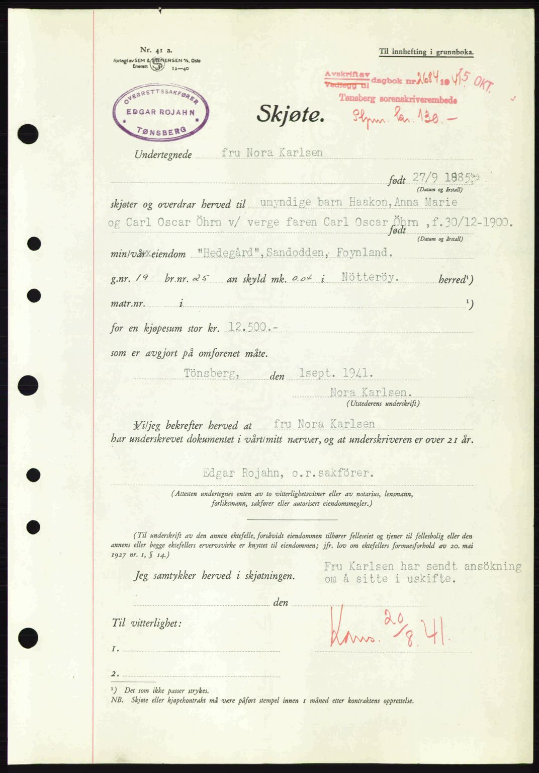 Tønsberg sorenskriveri, AV/SAKO-A-130/G/Ga/Gaa/L0010: Pantebok nr. A10, 1941-1941, Dagboknr: 2684/1941