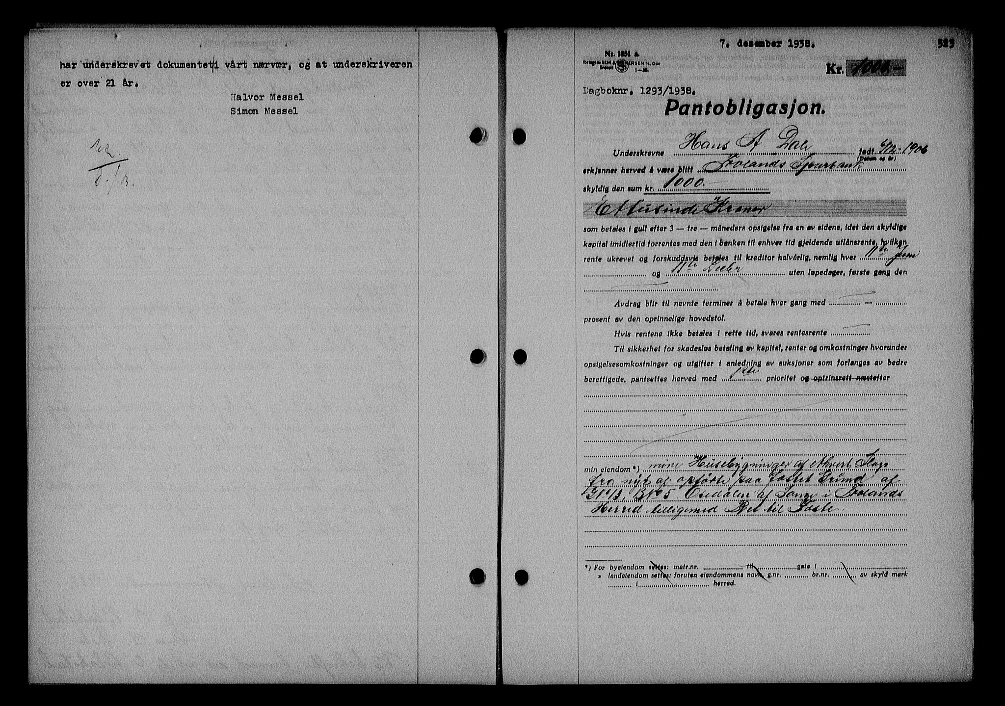 Nedenes sorenskriveri, SAK/1221-0006/G/Gb/Gba/L0045: Pantebok nr. 41, 1938-1938, Dagboknr: 1293/1938