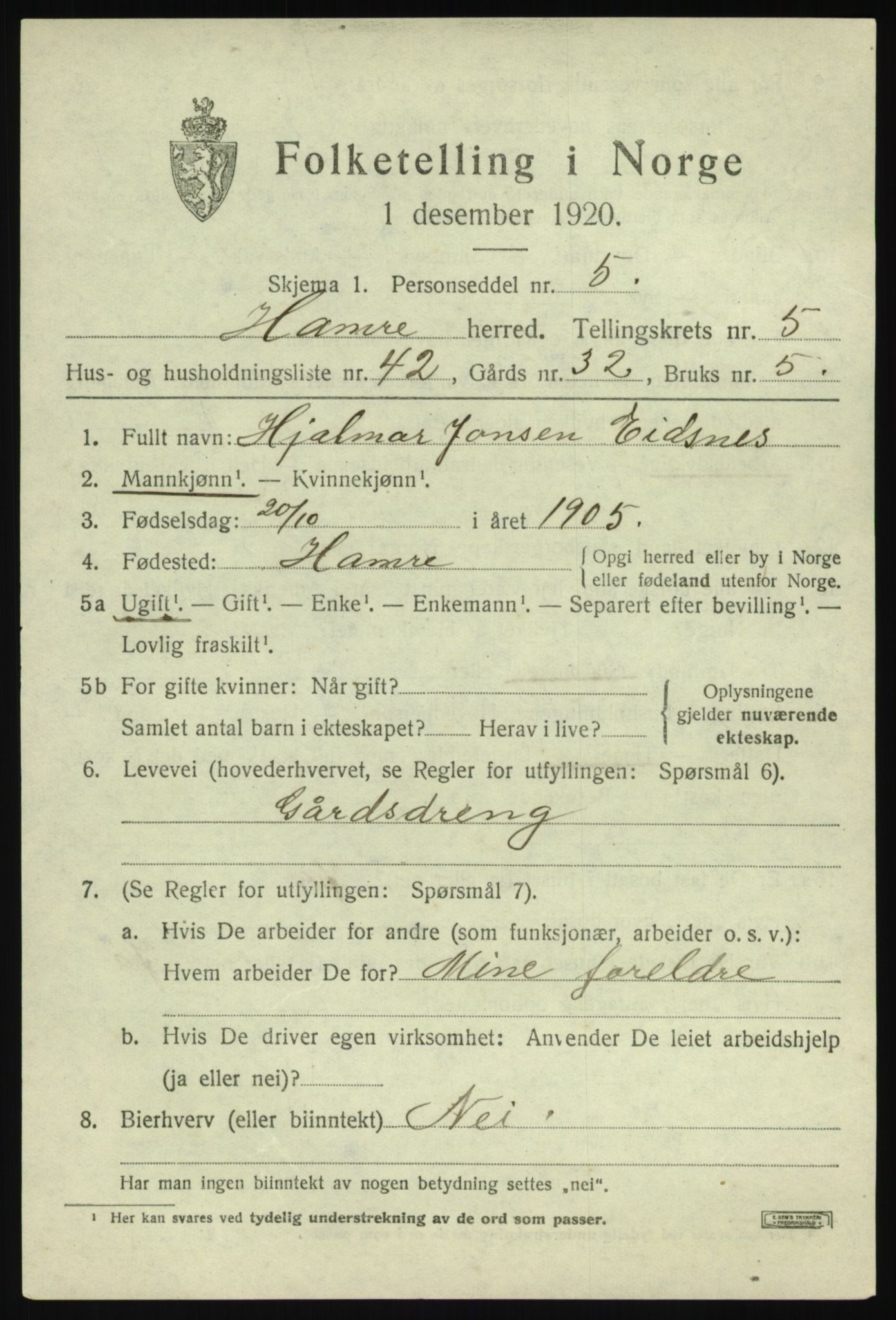 SAB, Folketelling 1920 for 1254 Hamre herred, 1920, s. 3421
