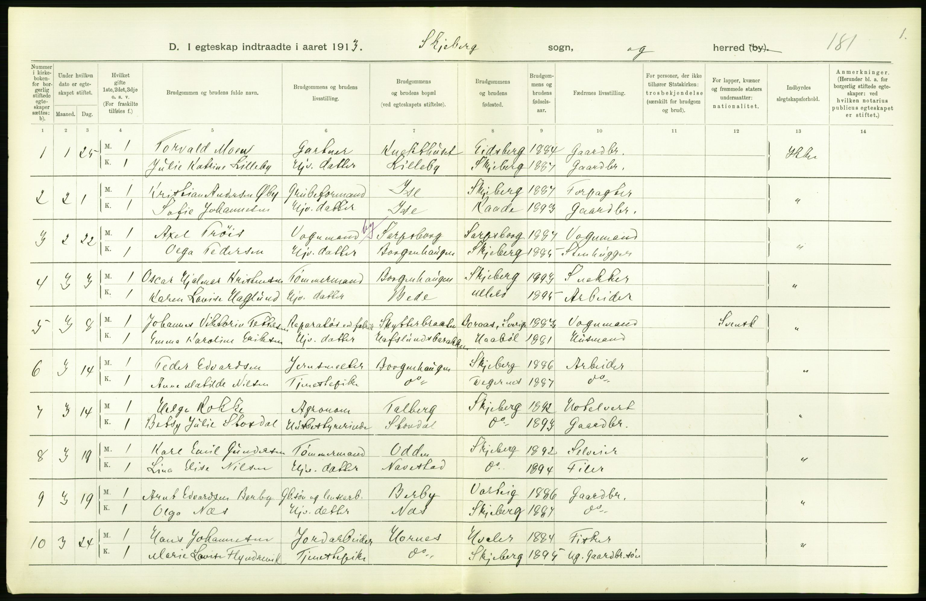 Statistisk sentralbyrå, Sosiodemografiske emner, Befolkning, AV/RA-S-2228/D/Df/Dfb/Dfbc/L0002: Smålenenes amt: Levendefødte menn og kvinner. Byer samt gifte. Bygder., 1913, s. 326