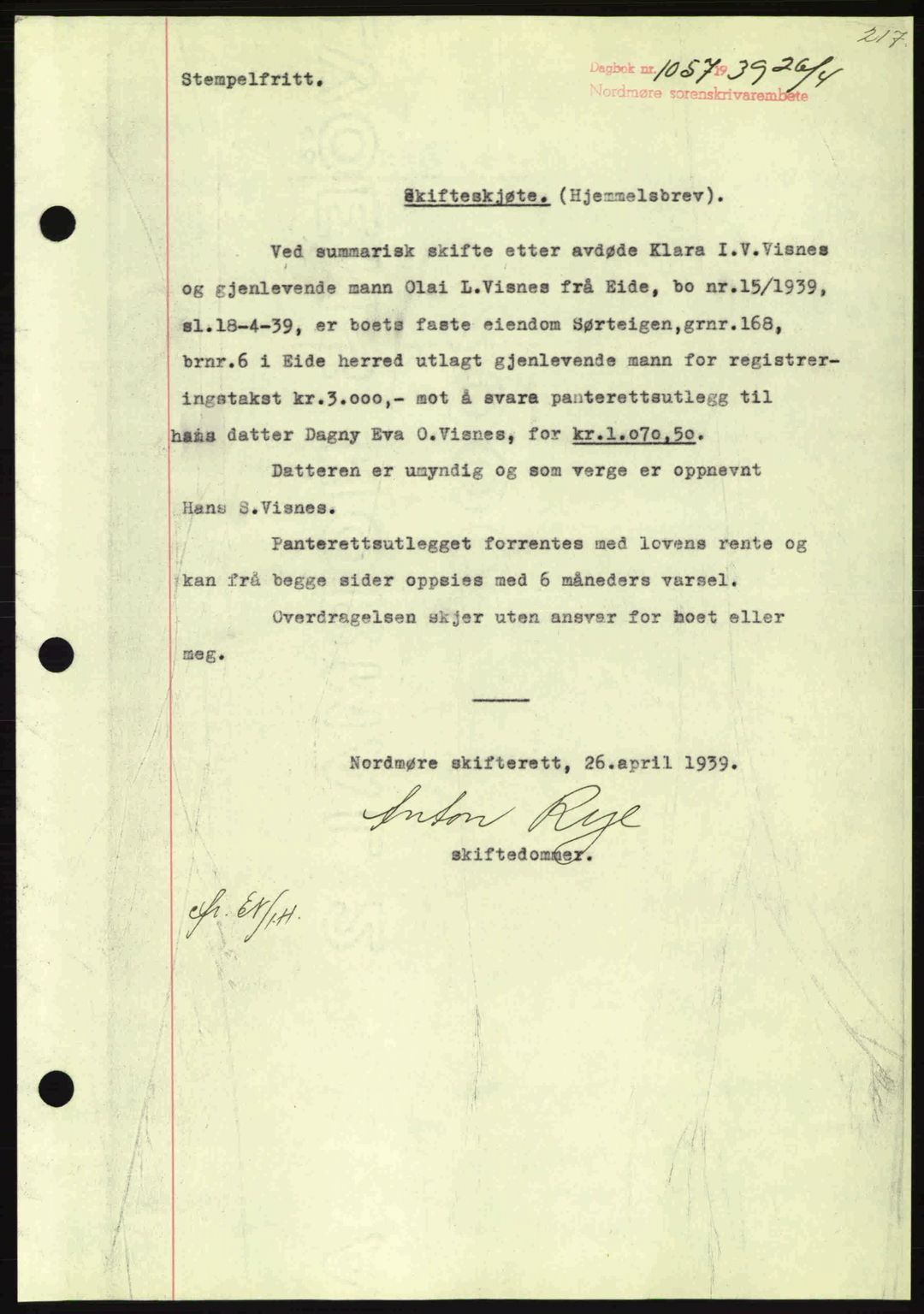 Nordmøre sorenskriveri, SAT/A-4132/1/2/2Ca: Pantebok nr. A86, 1939-1939, Dagboknr: 1057/1939