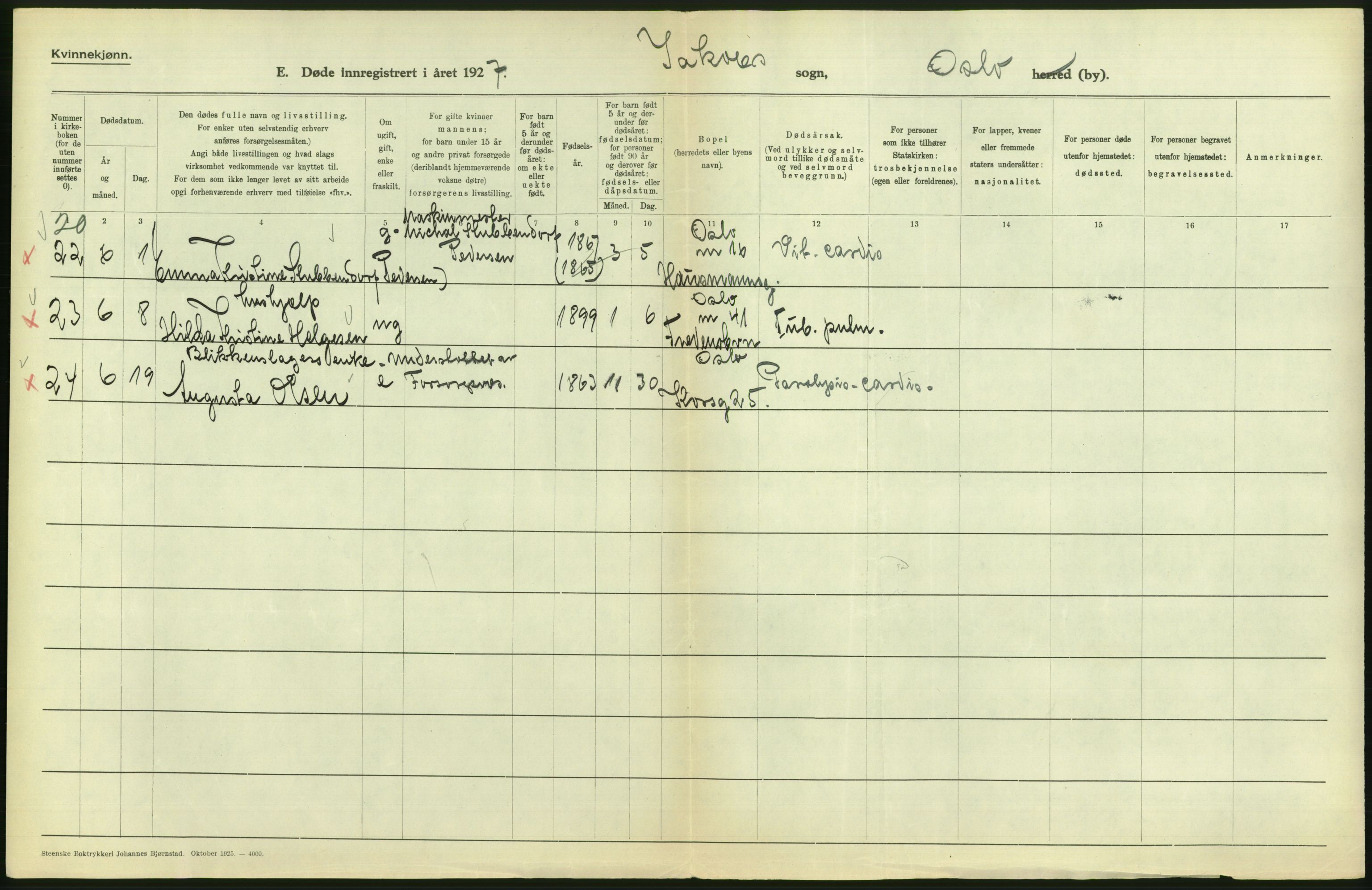 Statistisk sentralbyrå, Sosiodemografiske emner, Befolkning, AV/RA-S-2228/D/Df/Dfc/Dfcg/L0010: Oslo: Døde kvinner, dødfødte, 1927, s. 390