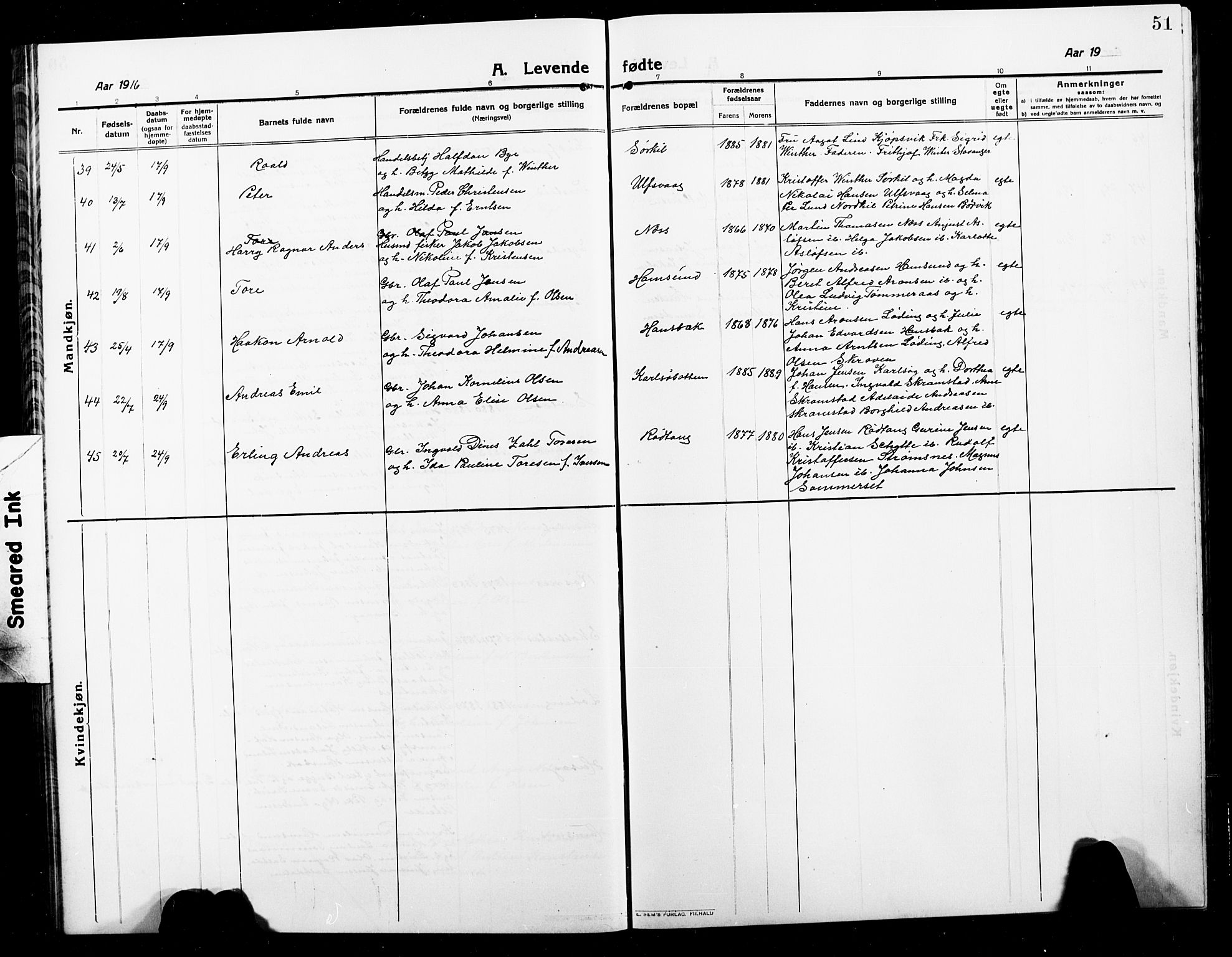 Ministerialprotokoller, klokkerbøker og fødselsregistre - Nordland, AV/SAT-A-1459/859/L0861: Klokkerbok nr. 859C07, 1910-1925, s. 51