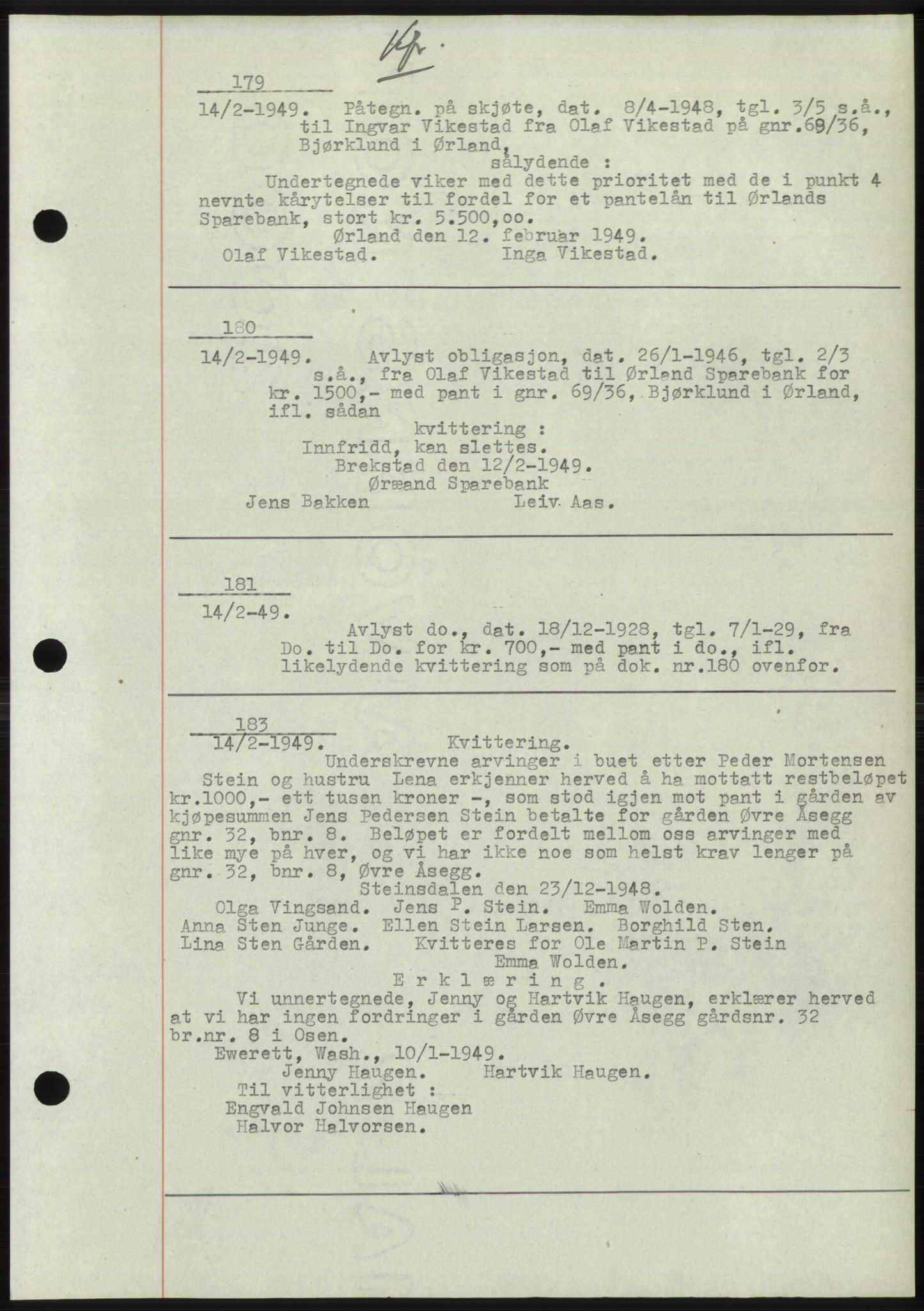 Fosen sorenskriveri, AV/SAT-A-1107/1/2/2C: Pantebok nr. B3, 1948-1950, Dagboknr: 179/1949