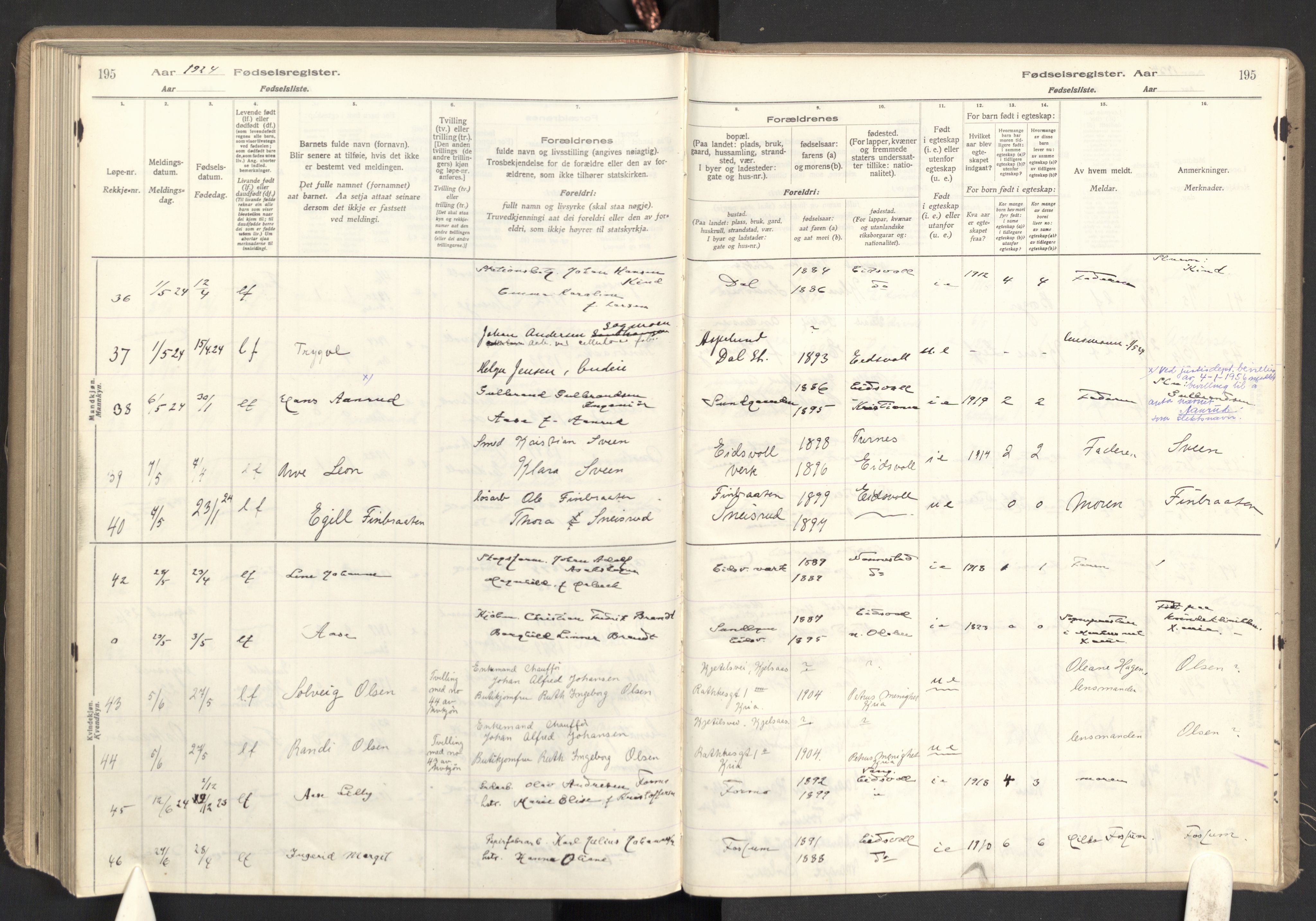 Eidsvoll prestekontor Kirkebøker, AV/SAO-A-10888/J/Ja/L0001: Fødselsregister nr. I 1, 1916-1924, s. 195