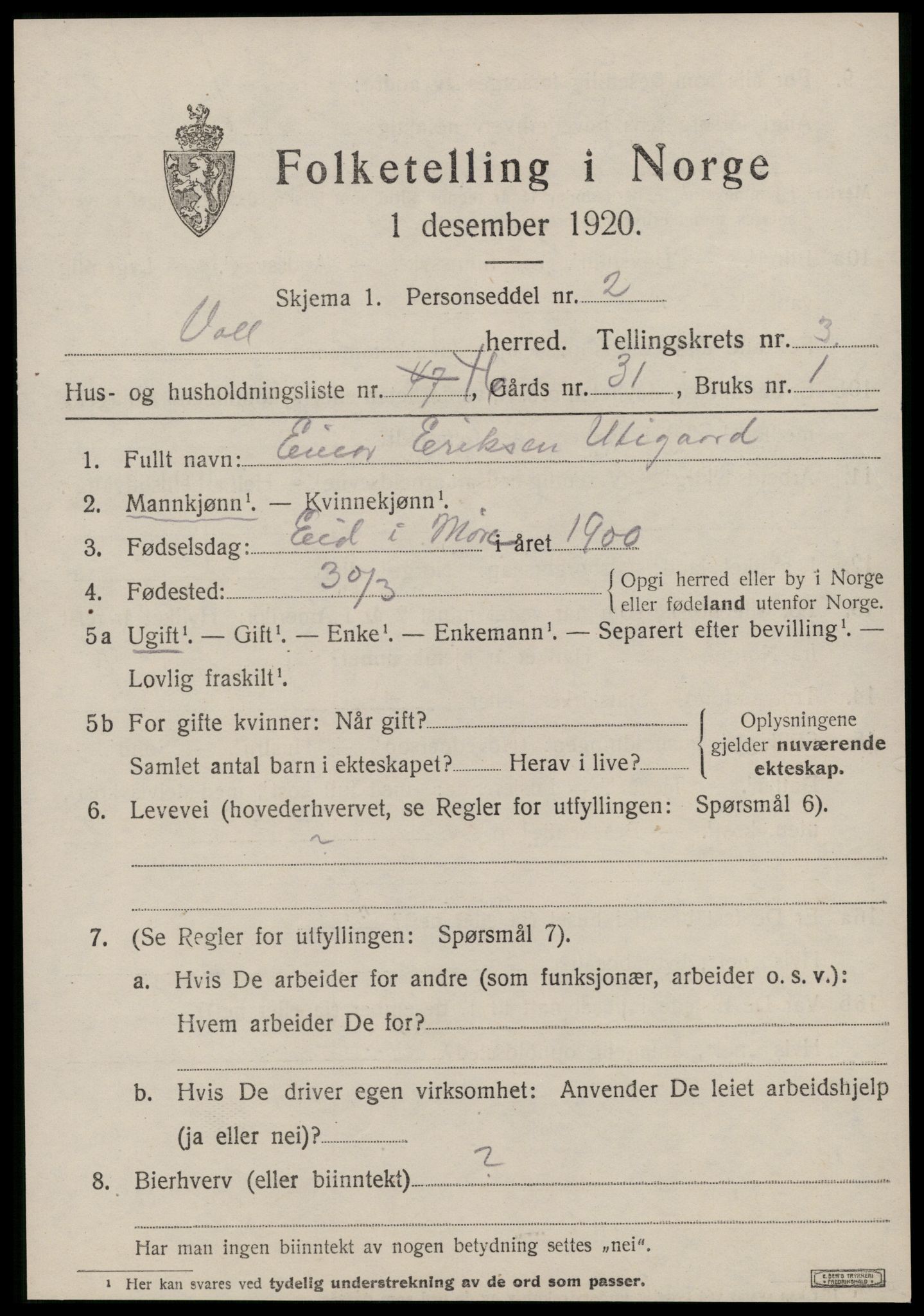 SAT, Folketelling 1920 for 1537 Voll herred, 1920, s. 1849