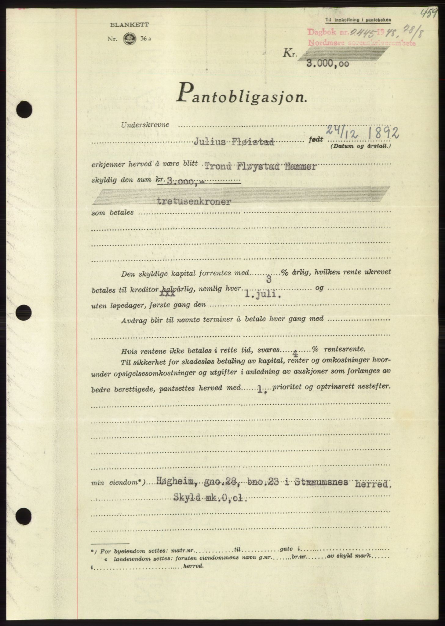 Nordmøre sorenskriveri, SAT/A-4132/1/2/2Ca: Pantebok nr. B99, 1948-1948, Dagboknr: 2445/1948