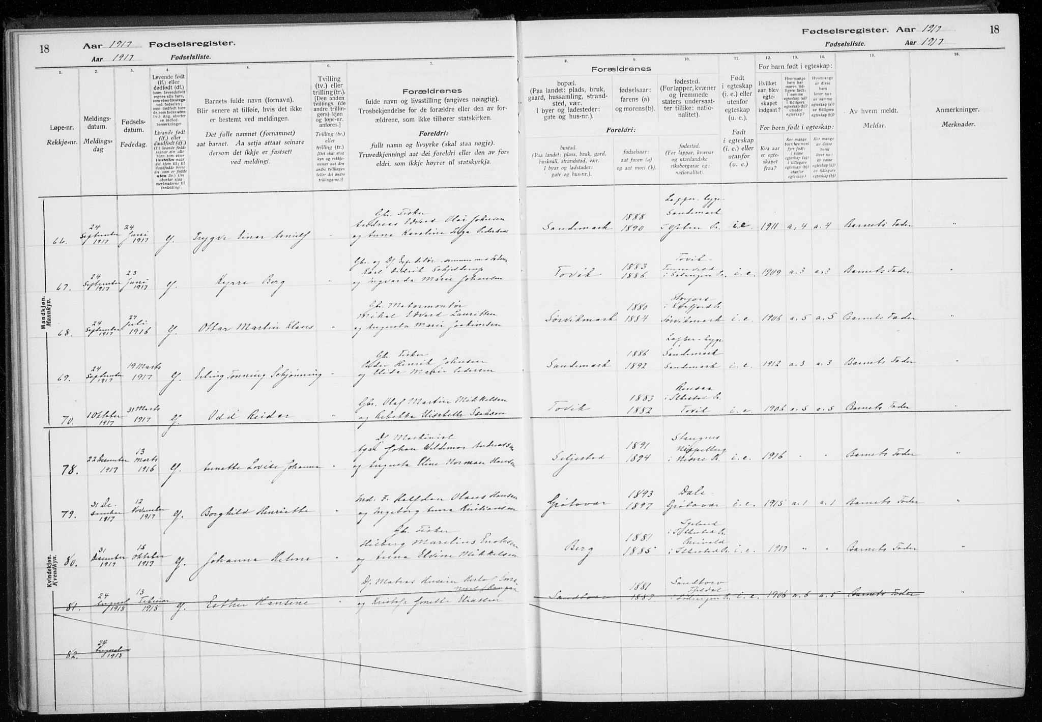 Trondenes sokneprestkontor, AV/SATØ-S-1319/I/Ia/L0089: Fødselsregister nr. 89, 1916-1925, s. 18