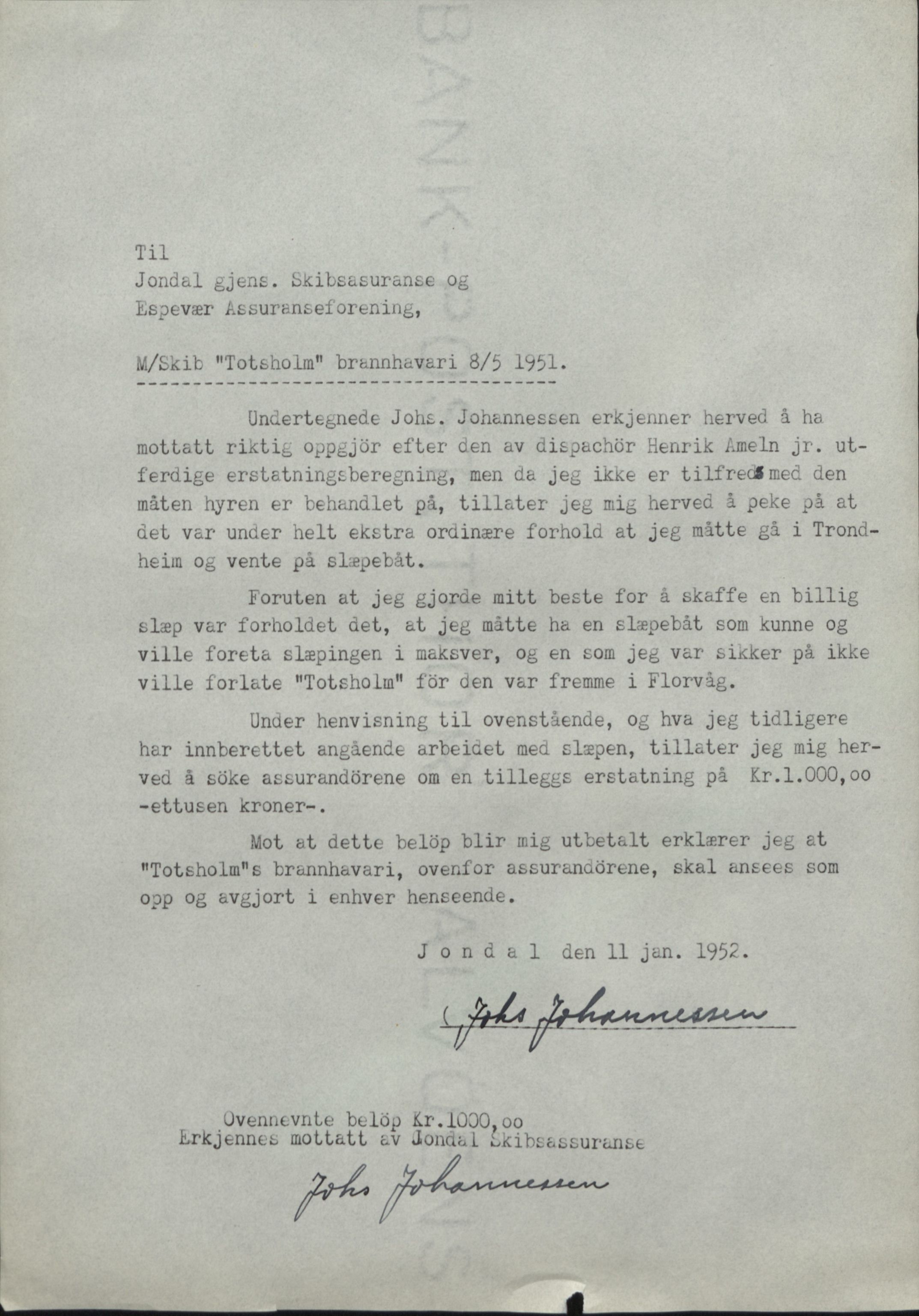 Jondal Skipsassuranseforening, SAB/SAB/PA-0276/E/L0118: Korrespondanse , 1951-1953