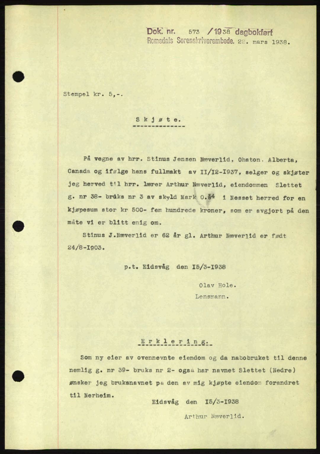 Romsdal sorenskriveri, SAT/A-4149/1/2/2C: Pantebok nr. A4, 1937-1938, Dagboknr: 573/1938