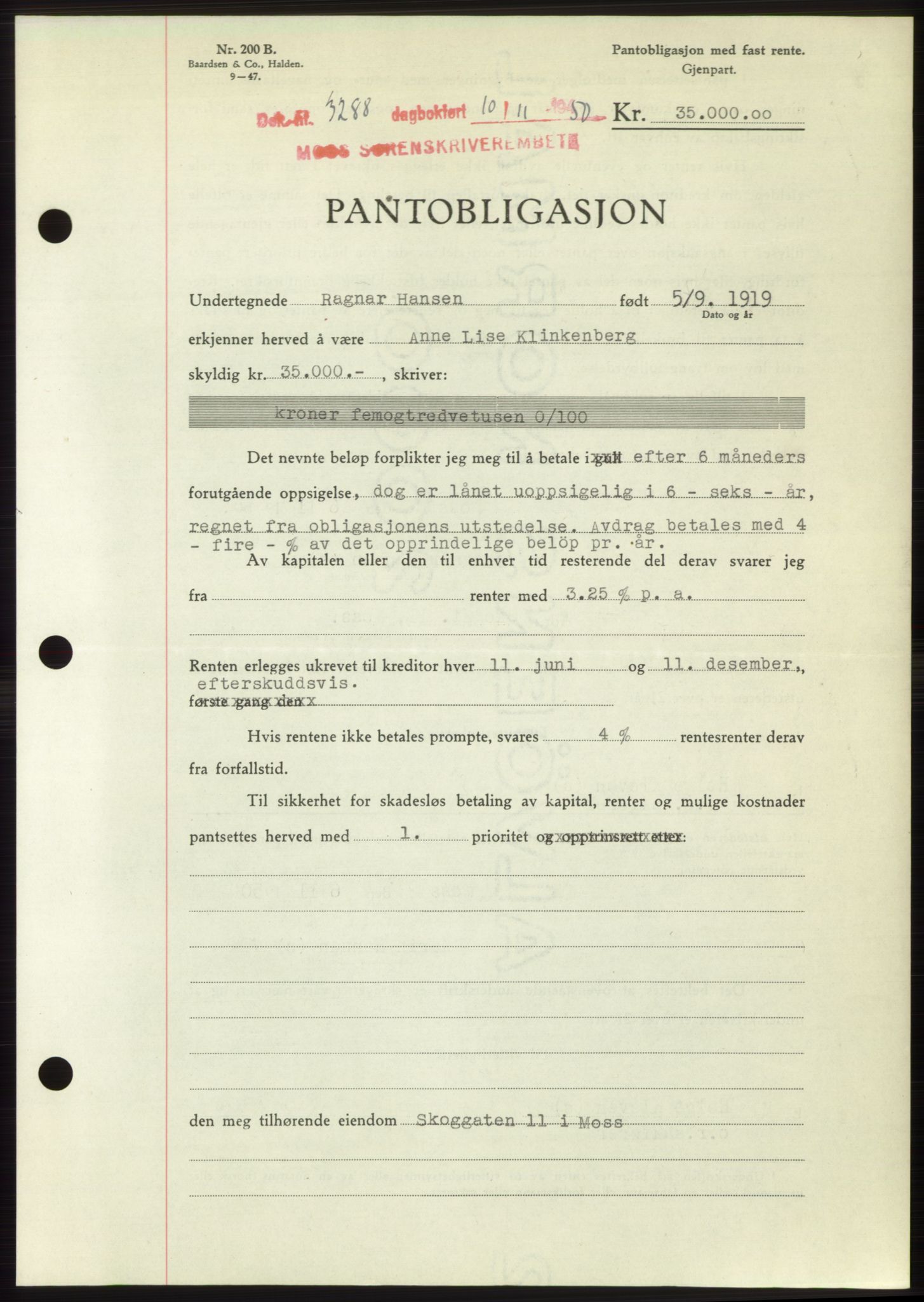 Moss sorenskriveri, SAO/A-10168: Pantebok nr. B25, 1950-1950, Dagboknr: 3288/1950