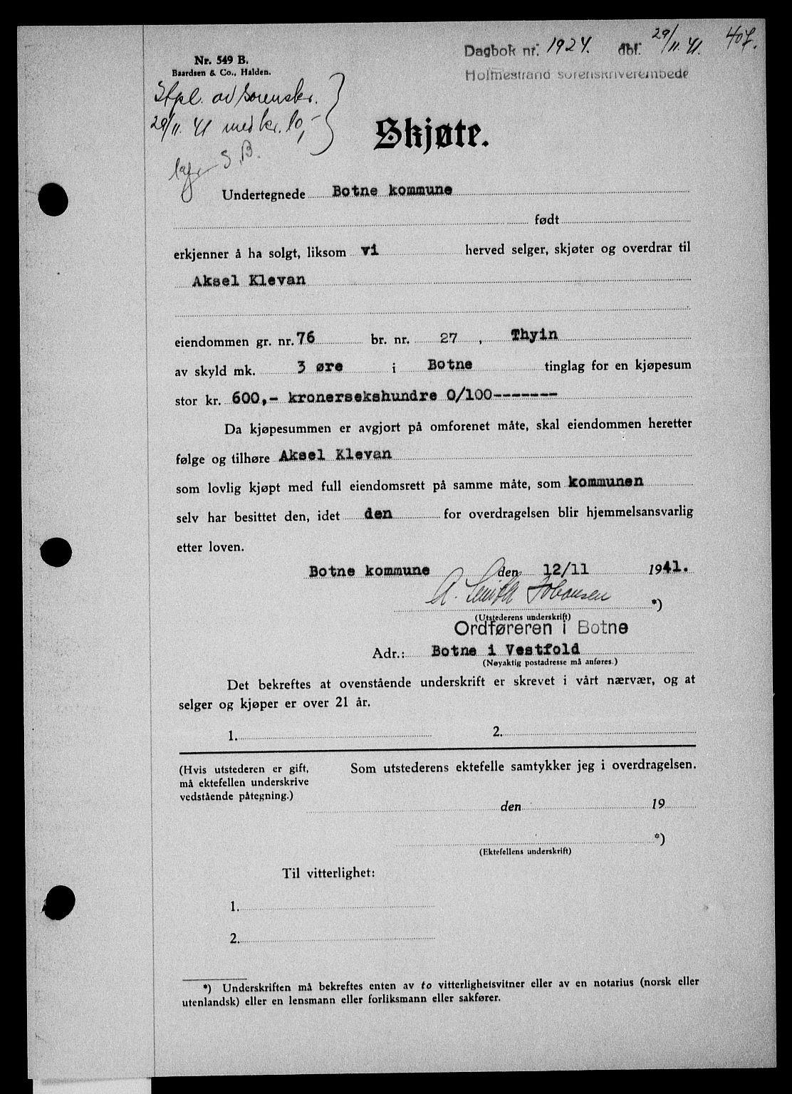Holmestrand sorenskriveri, SAKO/A-67/G/Ga/Gaa/L0054: Pantebok nr. A-54, 1941-1942, Dagboknr: 1924/1941